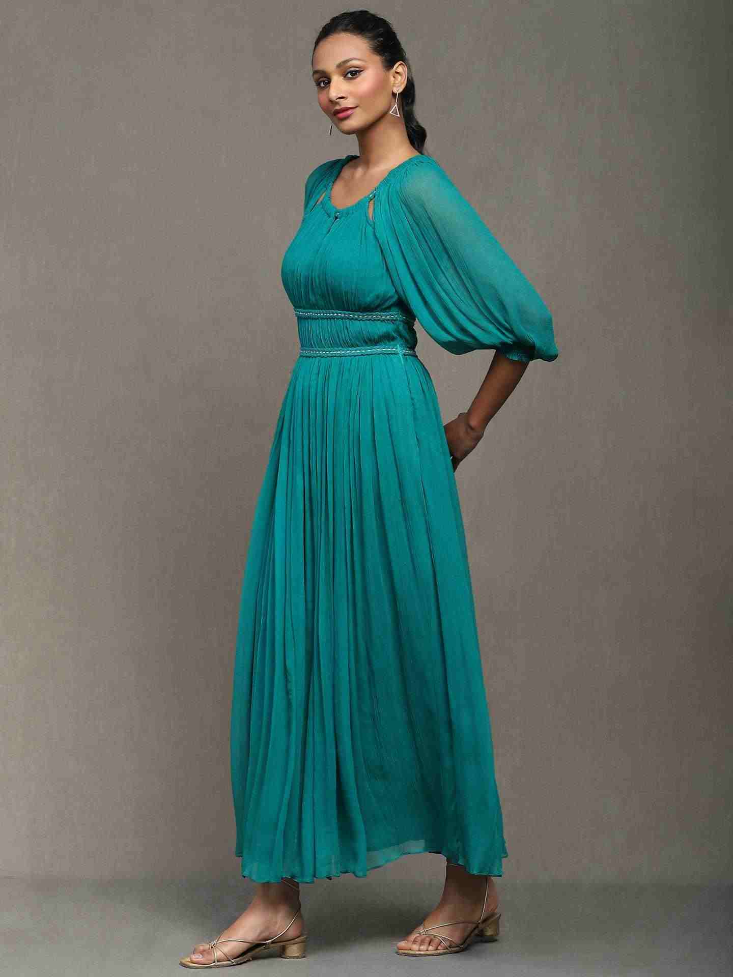 Teal Boukhara Solid Long Dress