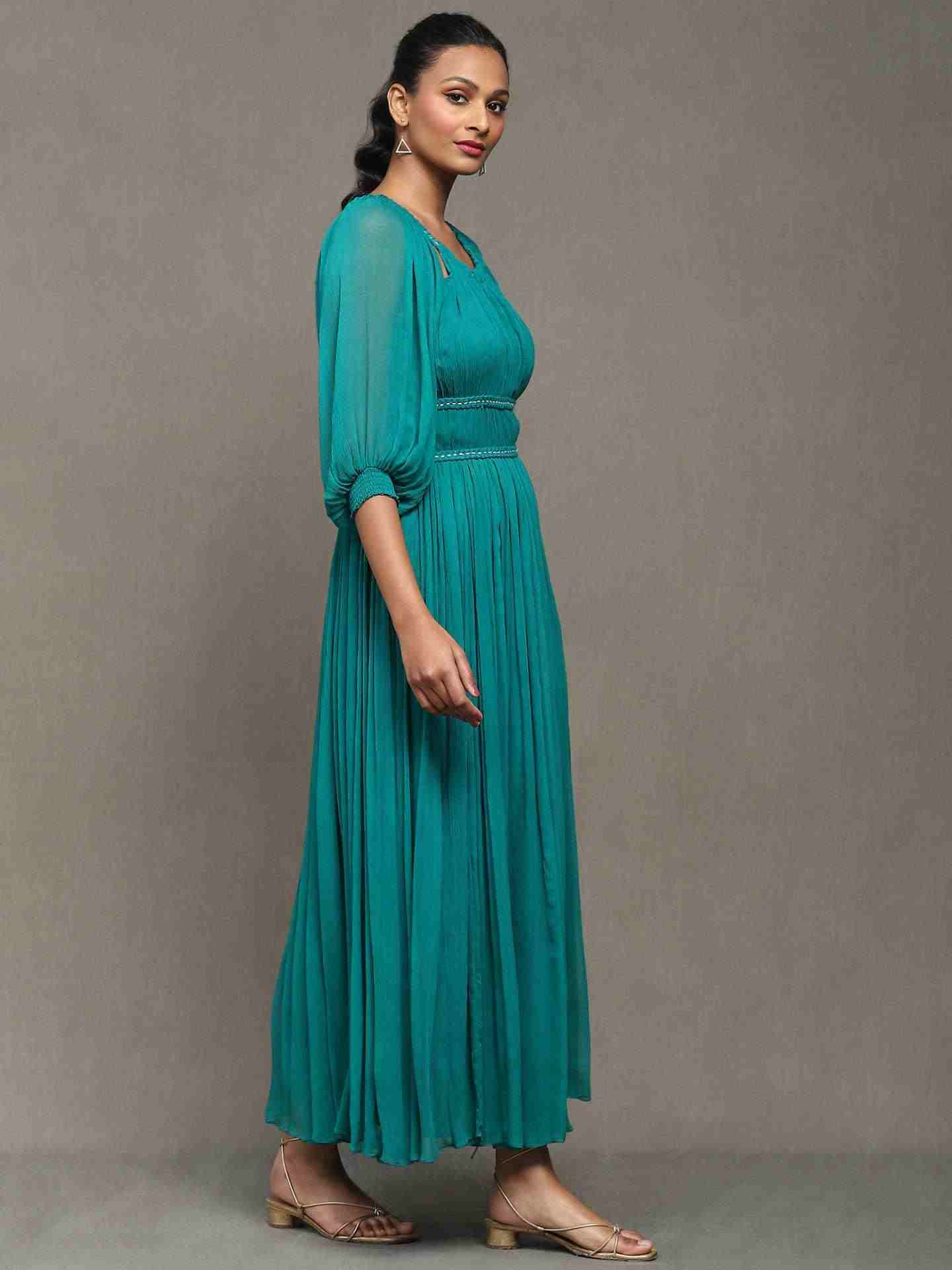 Teal Boukhara Solid Long Dress