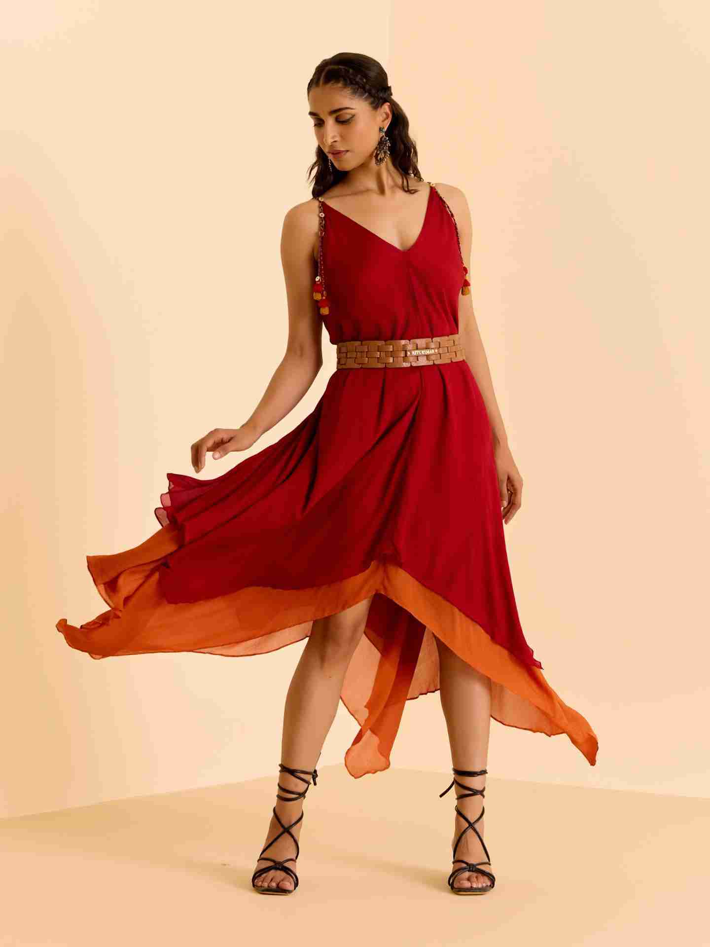 Red Cascade Solid Long Dress - Ritu Kumar