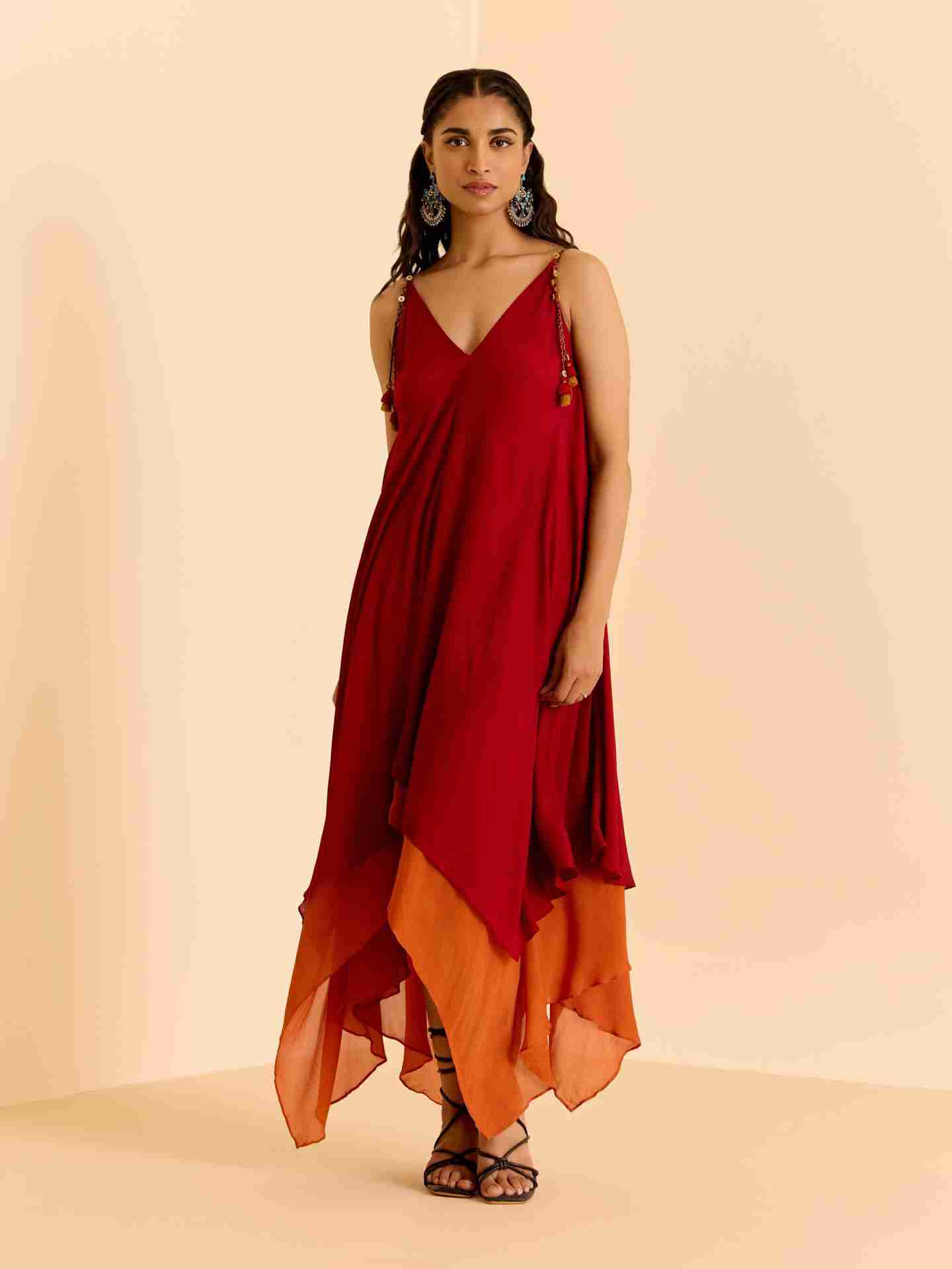 Red Cascade Solid Long Dress