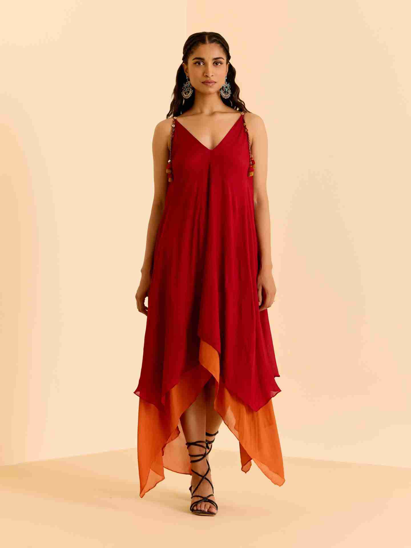 Red Cascade Solid Long Dress