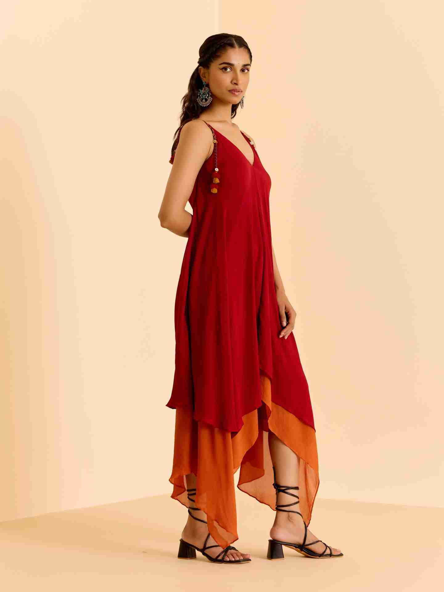 Red Cascade Solid Long Dress