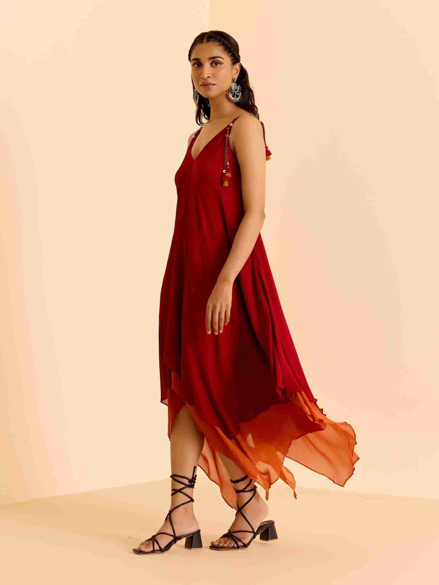 Red Cascade Solid Long Dress