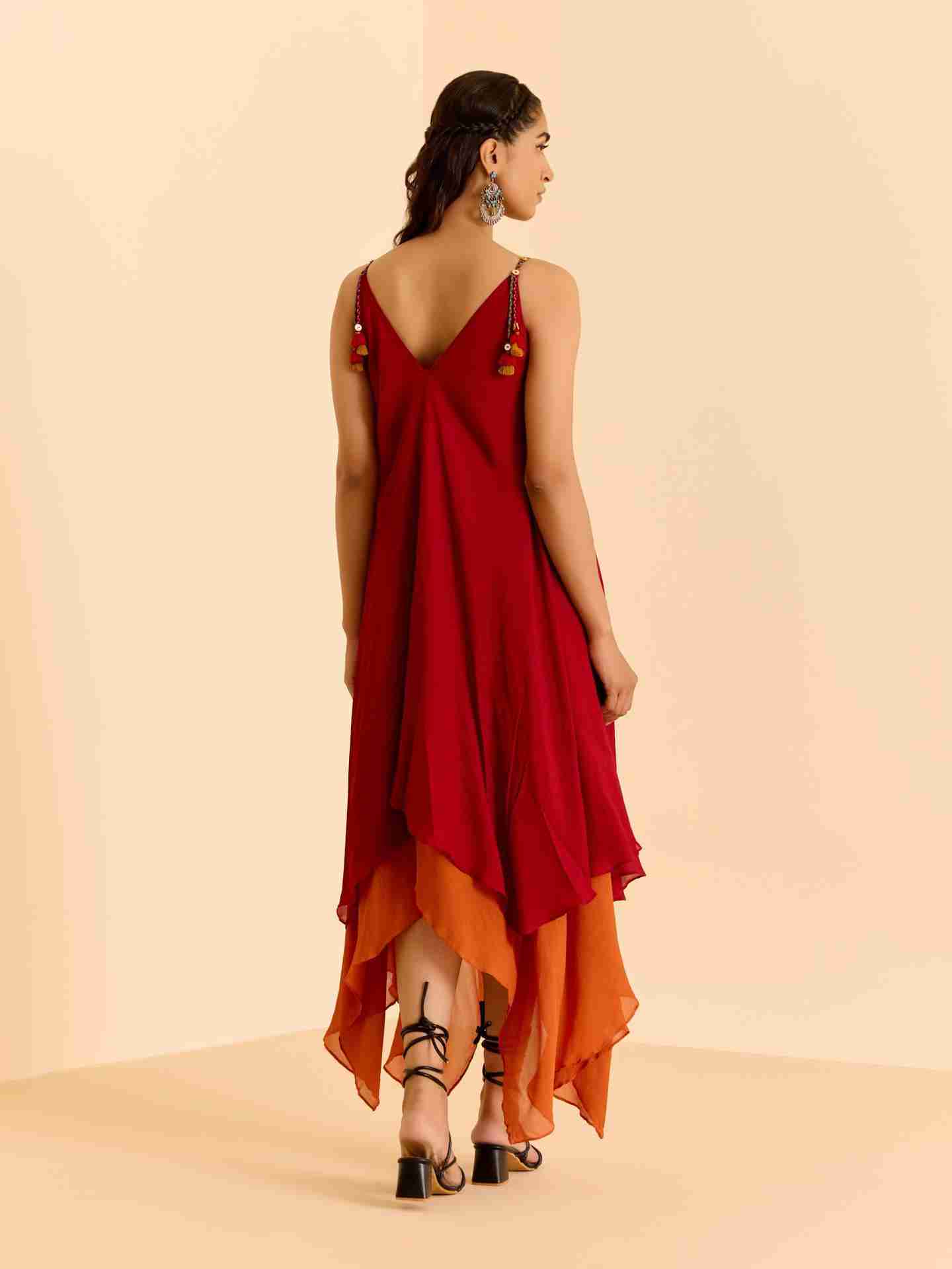 Red Cascade Solid Long Dress