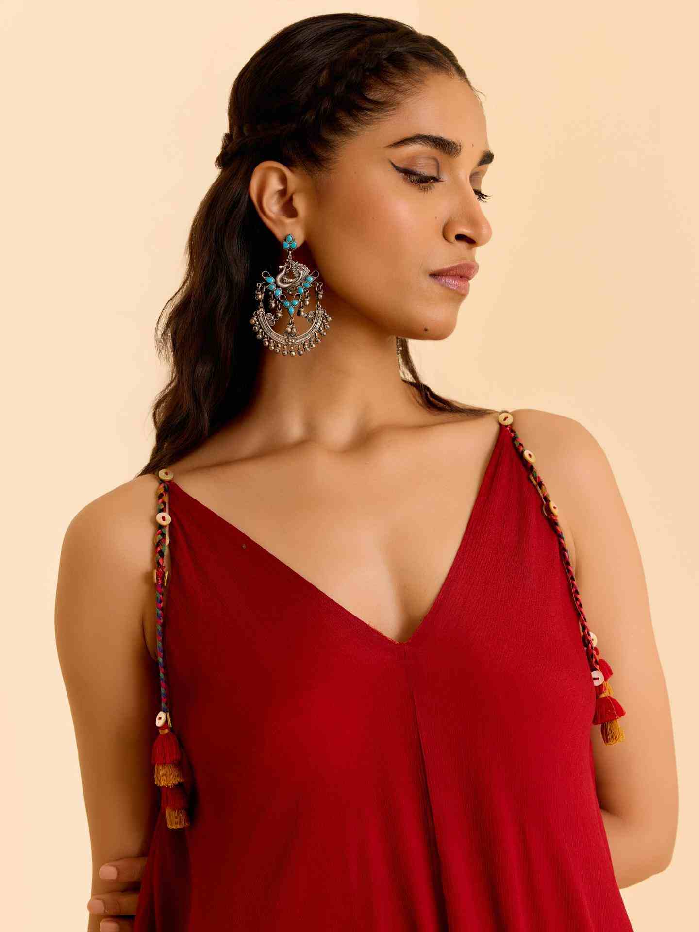 Red Cascade Solid Long Dress