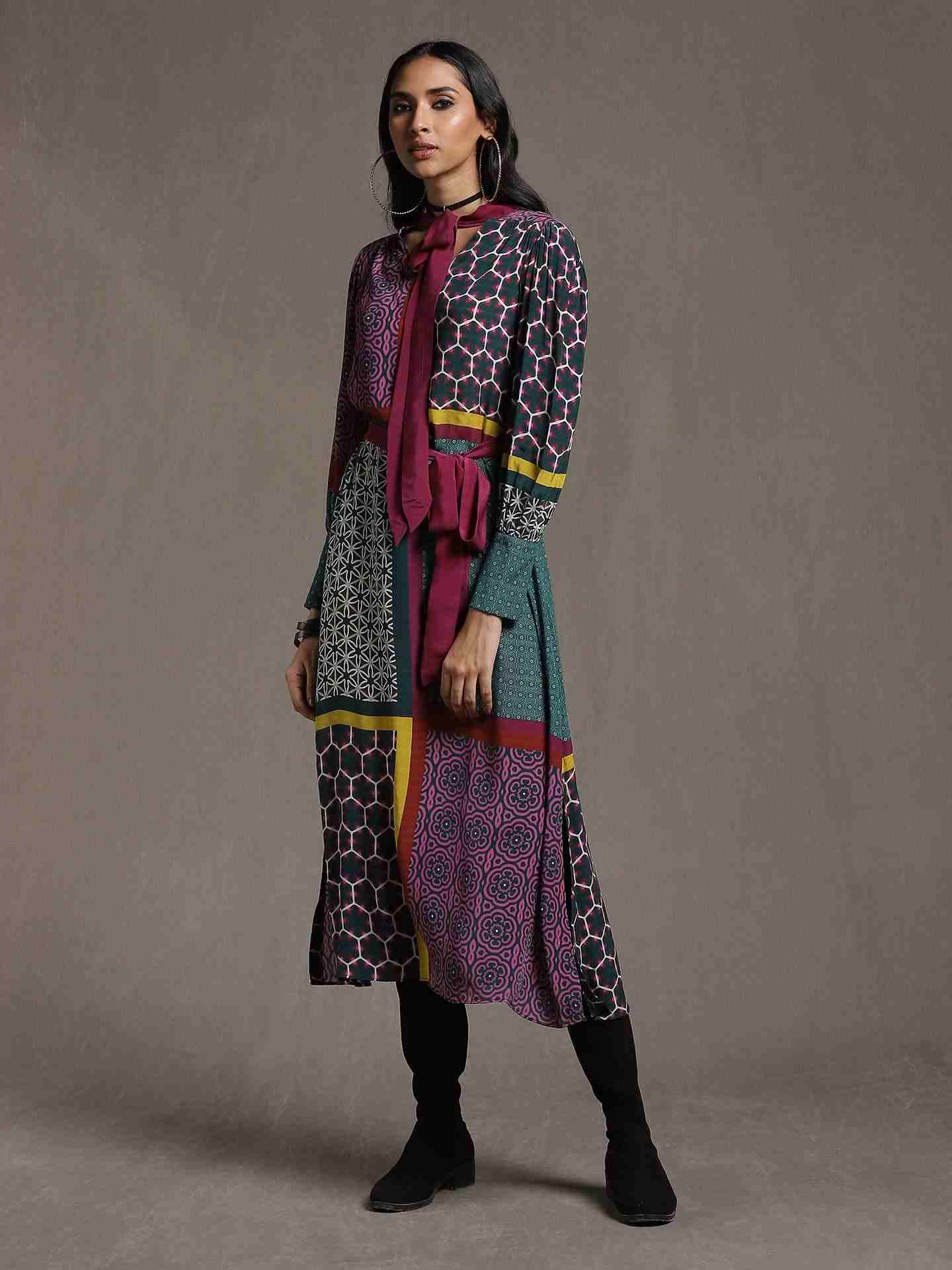 Green Mosaic Crepe Shift Dress