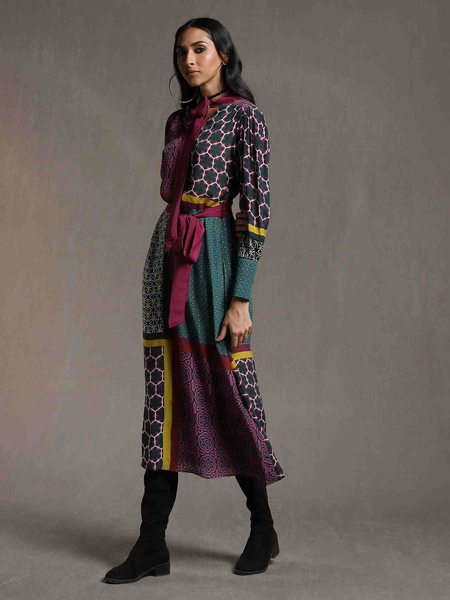 Green Mosaic Crepe Shift Dress