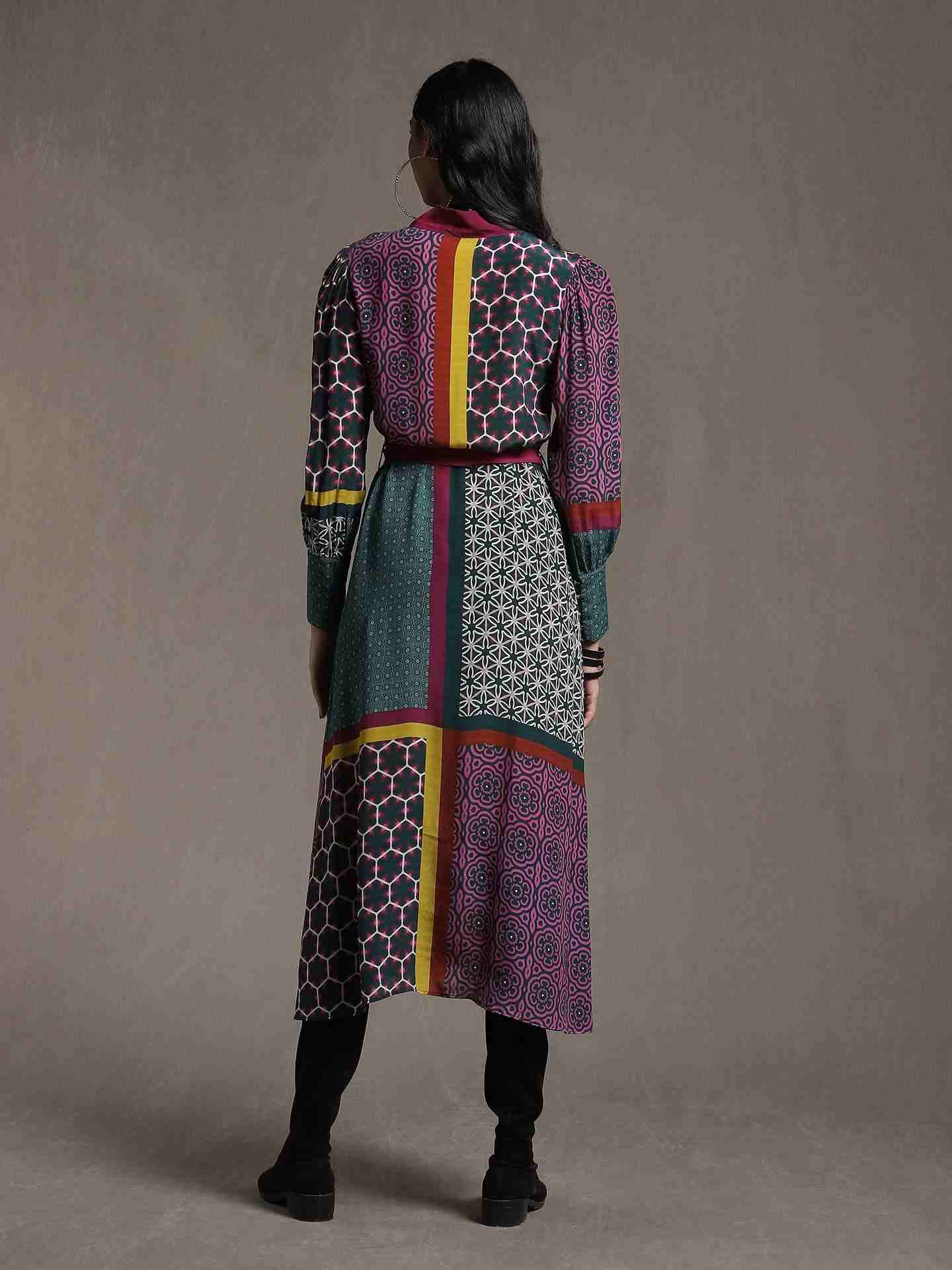 Green Mosaic Crepe Shift Dress