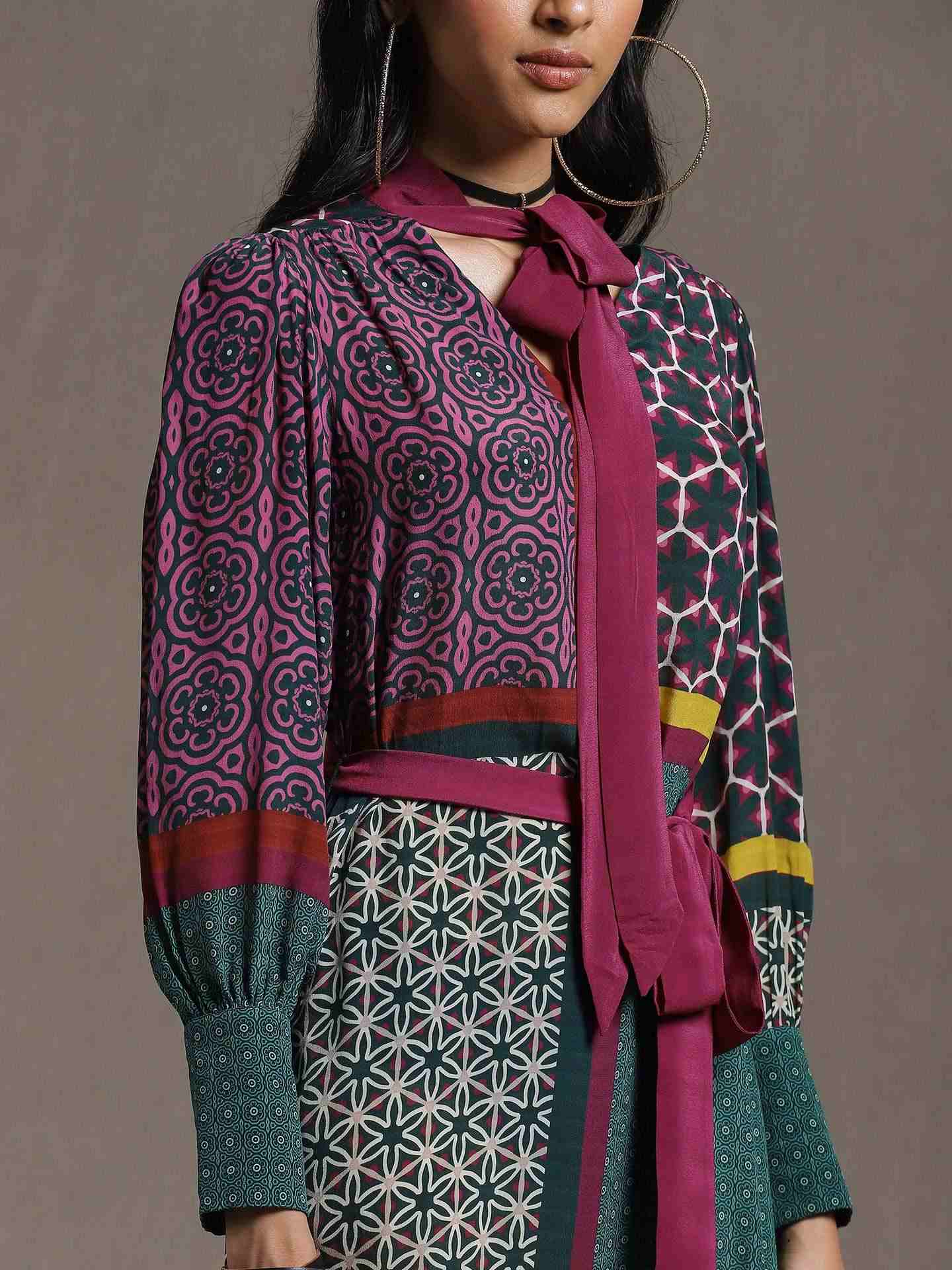 Green Mosaic Crepe Shift Dress