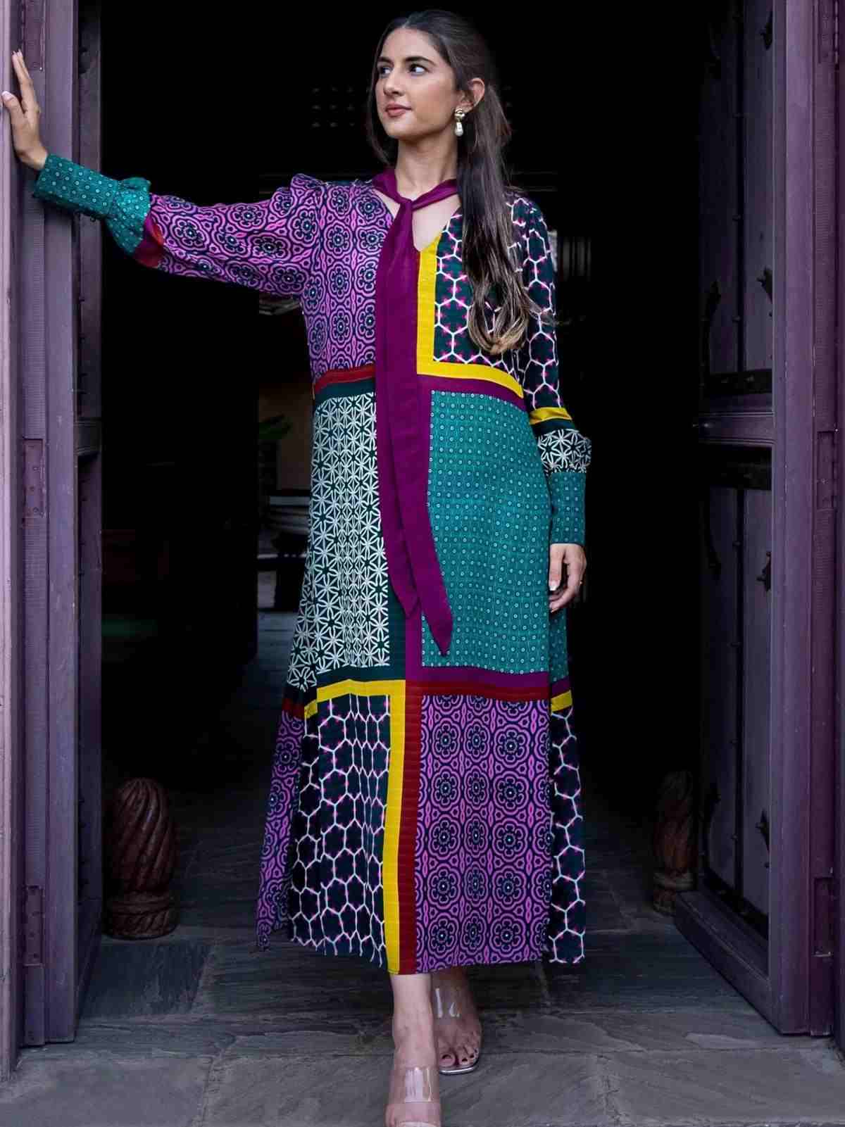 Green Mosaic Crepe Shift Dress