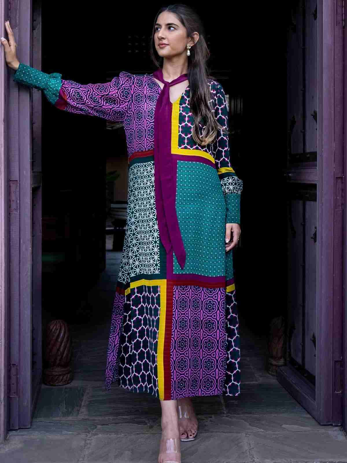 Green Mosaic Crepe Shift Dress