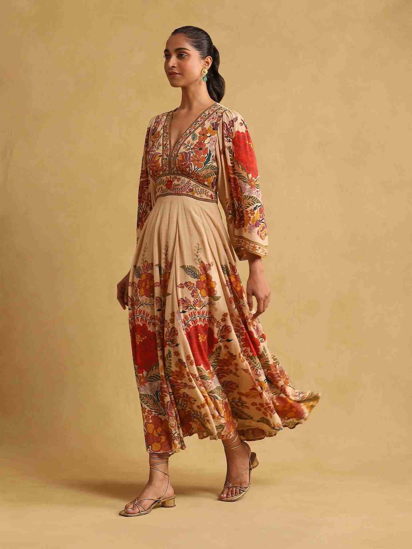 Beige Freeda Flower Crepe Dress