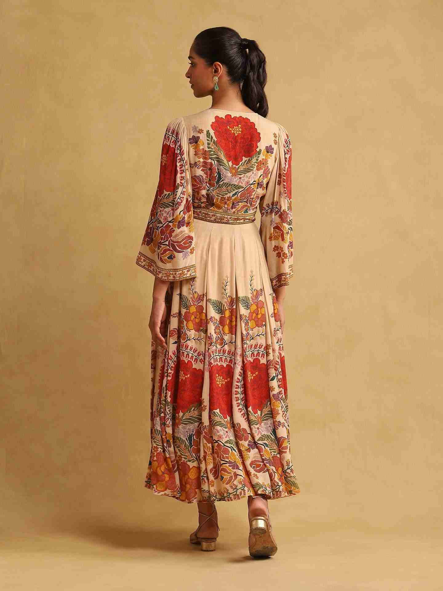 Beige Freeda Flower Crepe Dress