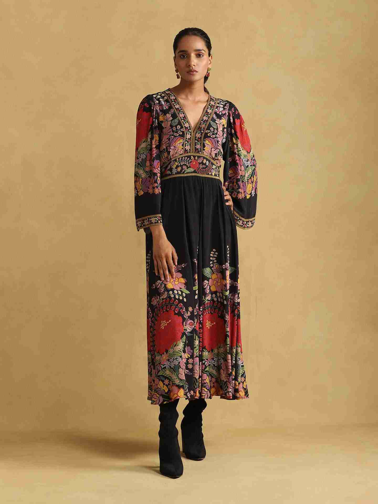 Black Freeda Flower Crepe Dress