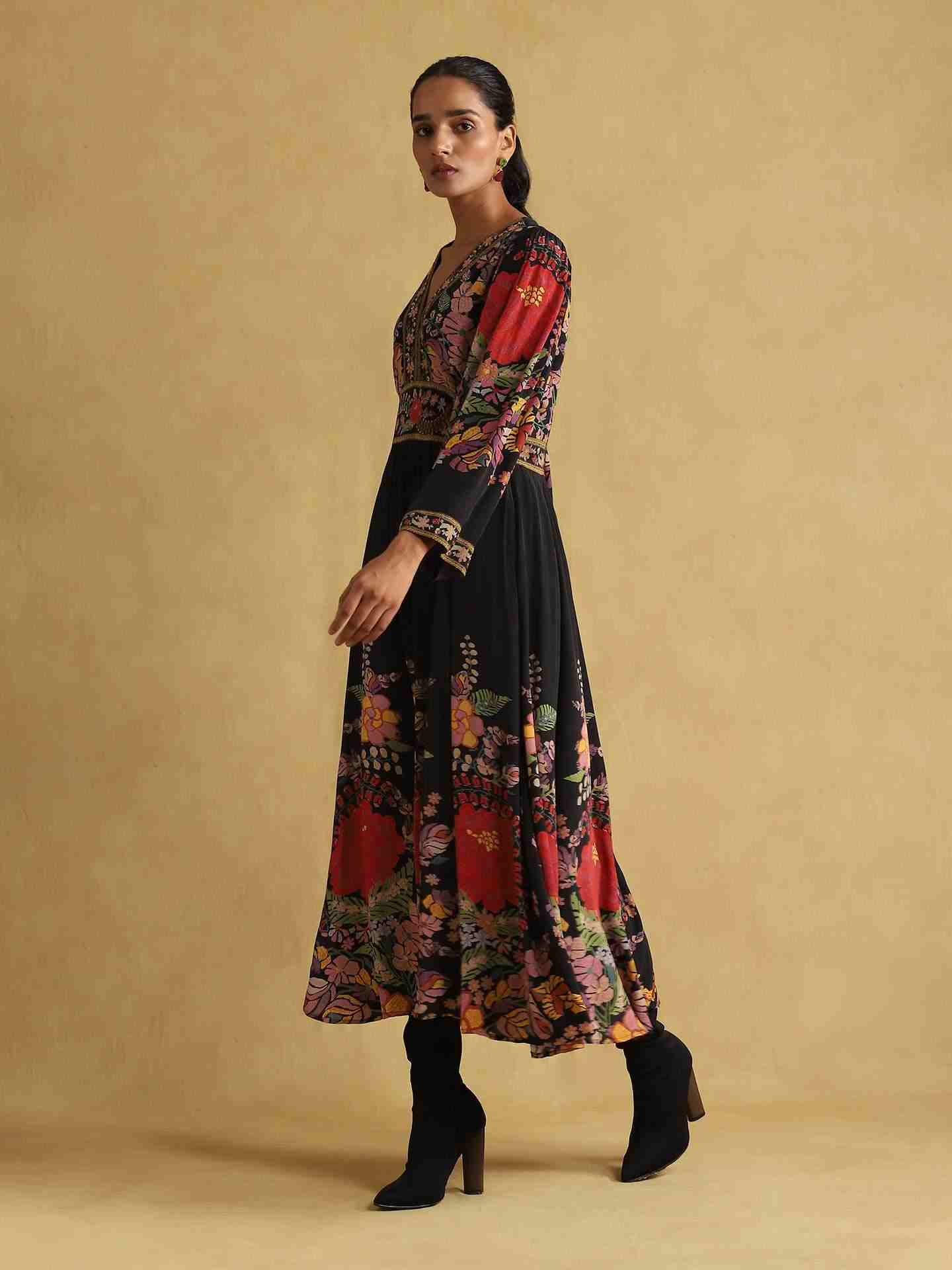 Black Freeda Flower Crepe Dress