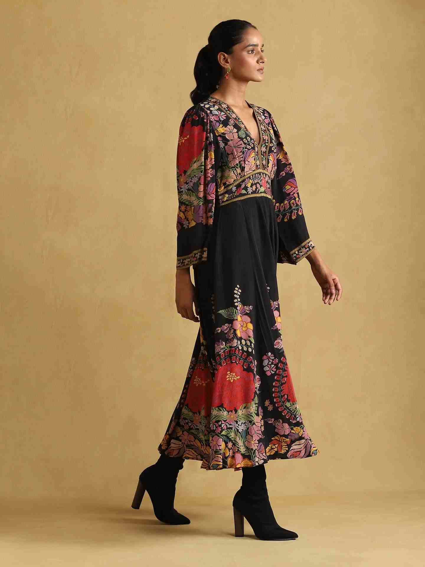 Black Freeda Flower Crepe Dress