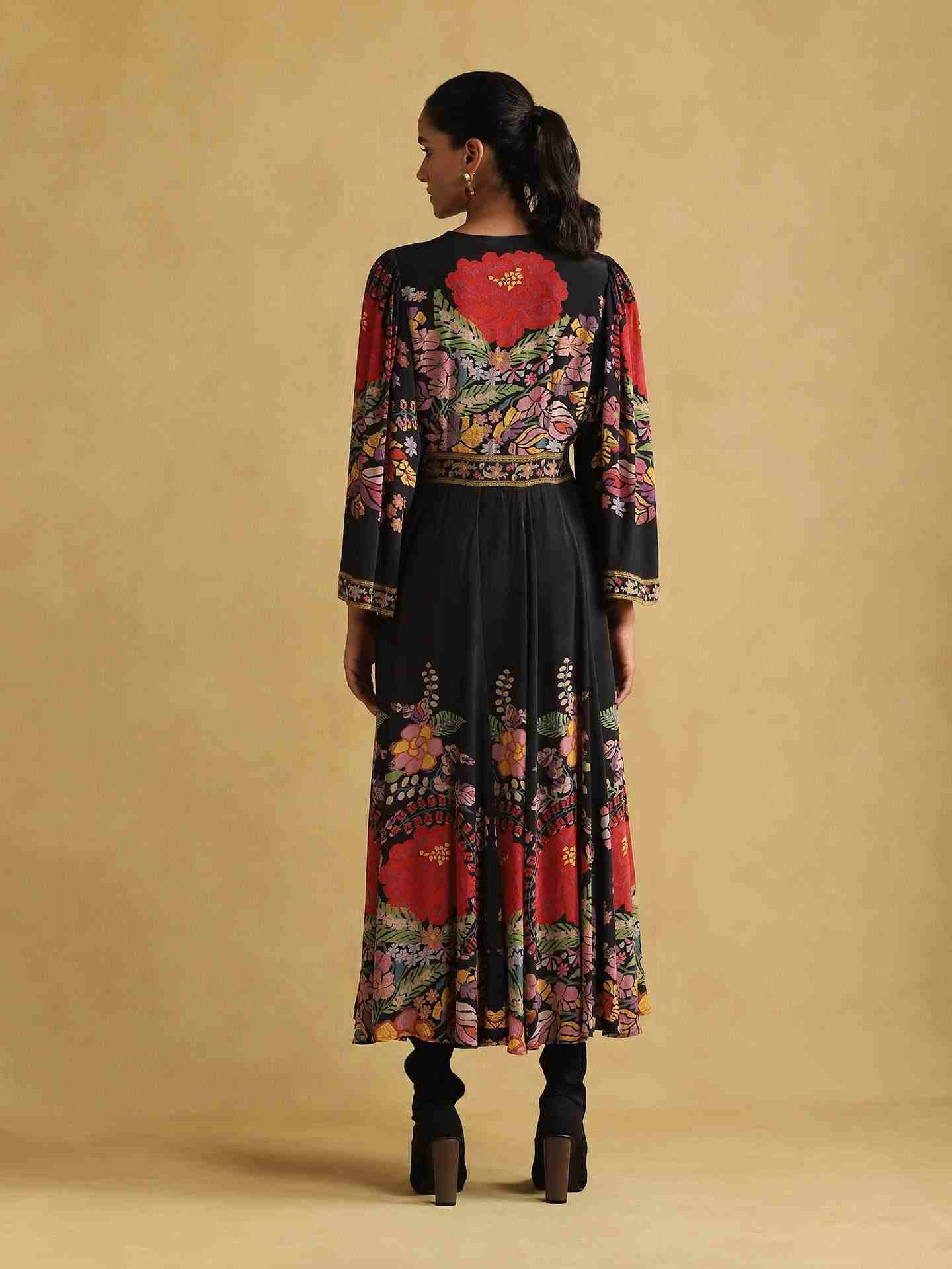 Black Freeda Flower Crepe Dress