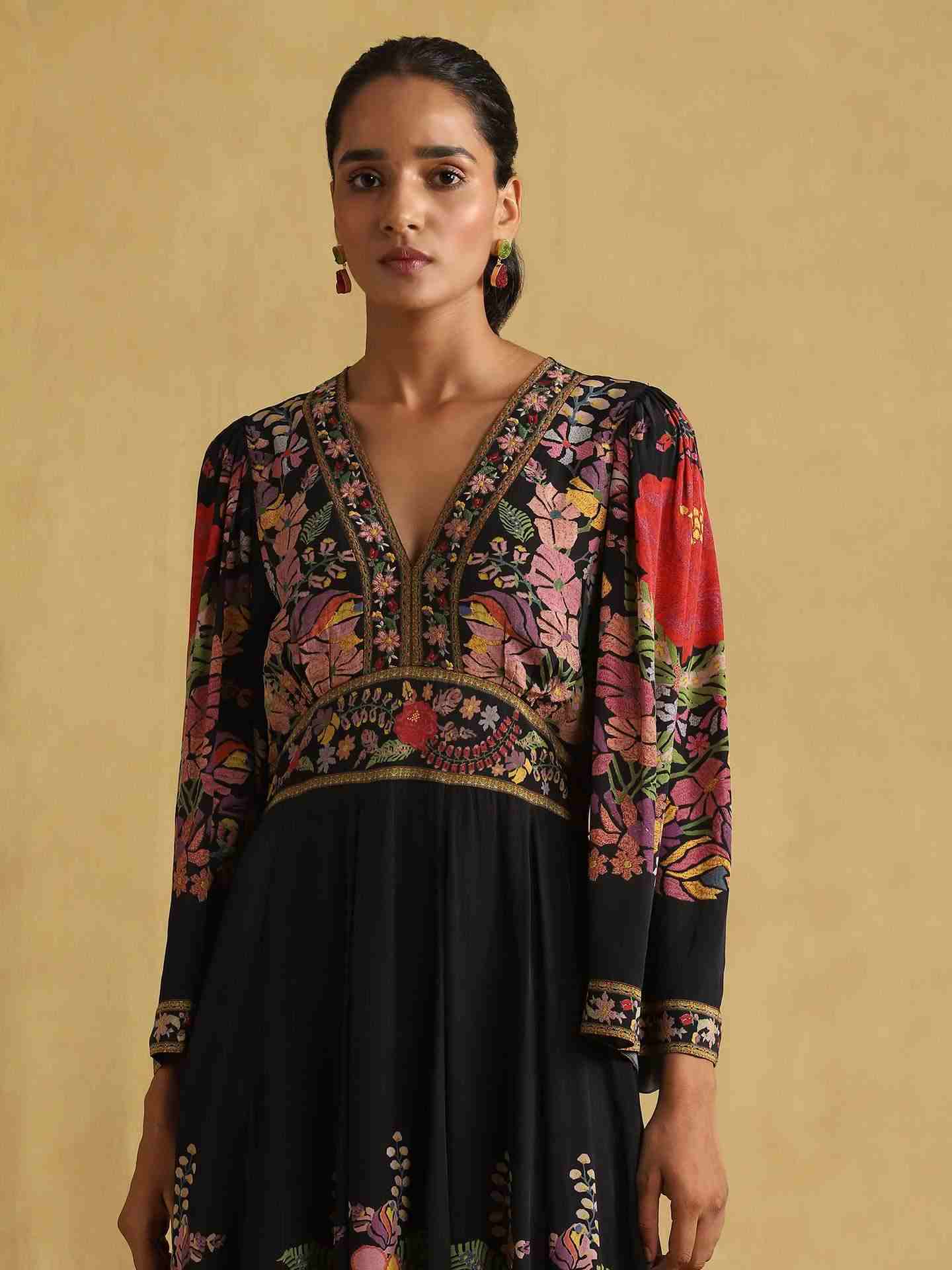 Black Freeda Flower Crepe Dress