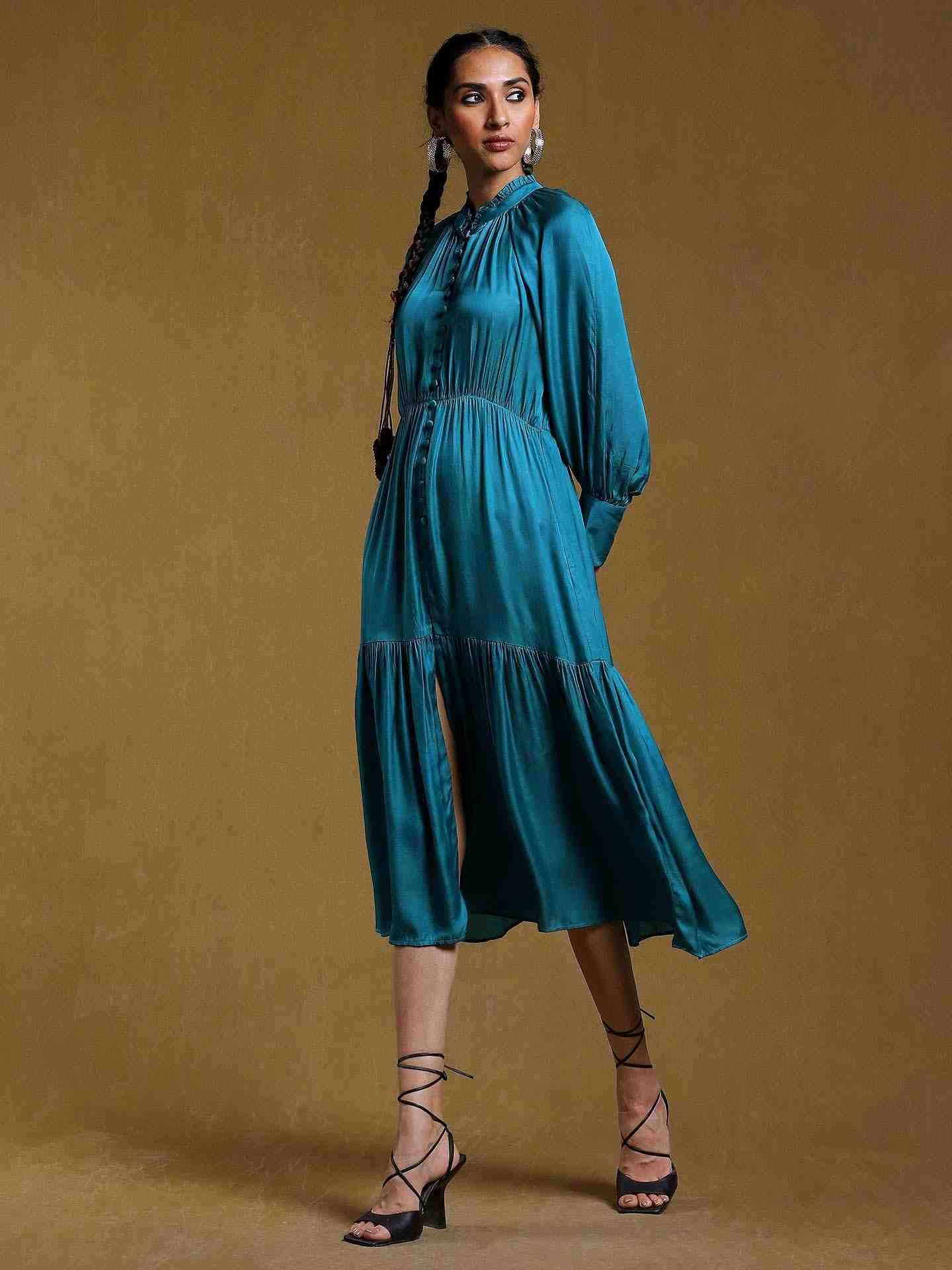 Teal Cristal Satin Dress