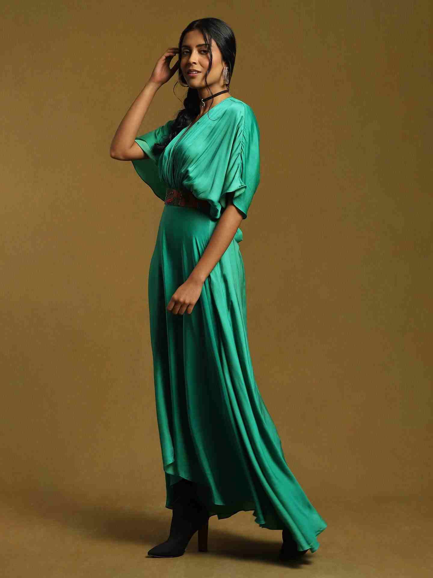 Green Streak Solid Kaftan Dress