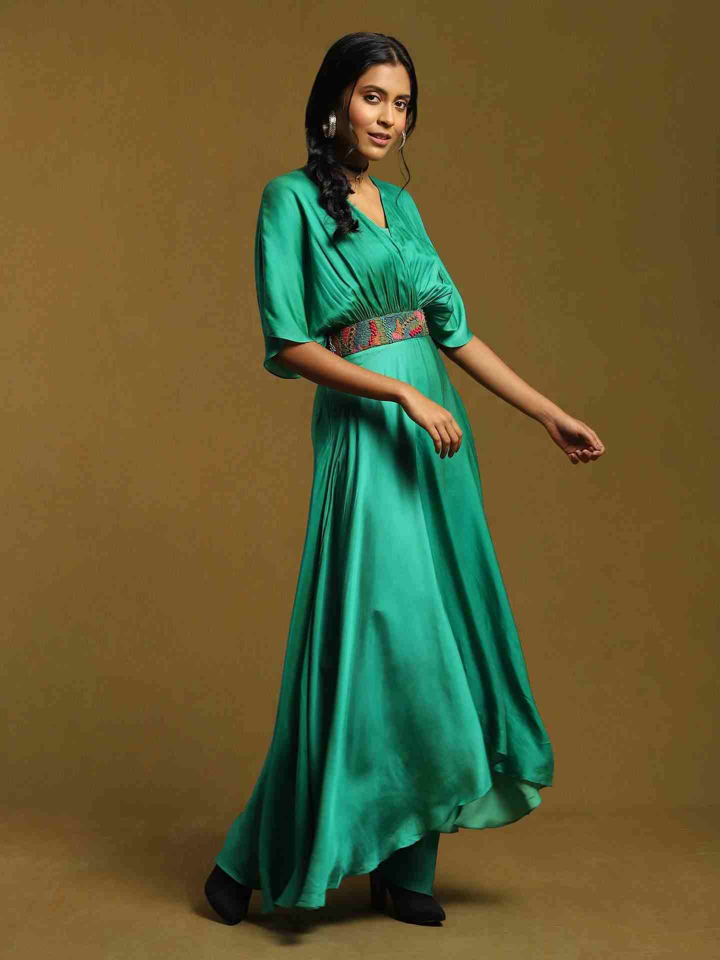 Green Streak Solid Kaftan Dress