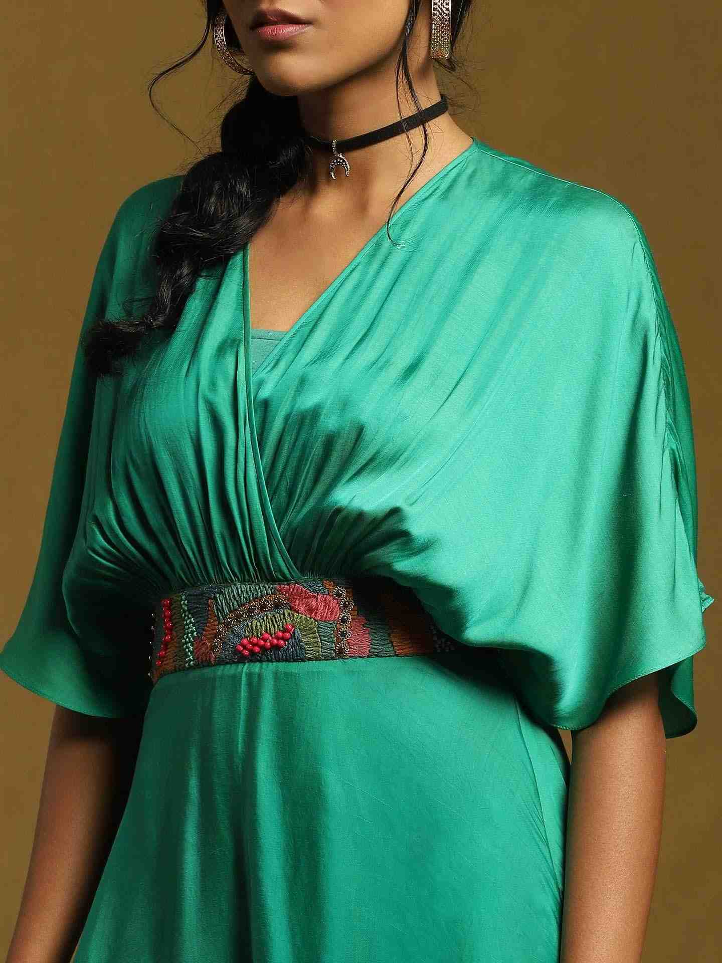 Green Streak Solid Kaftan Dress