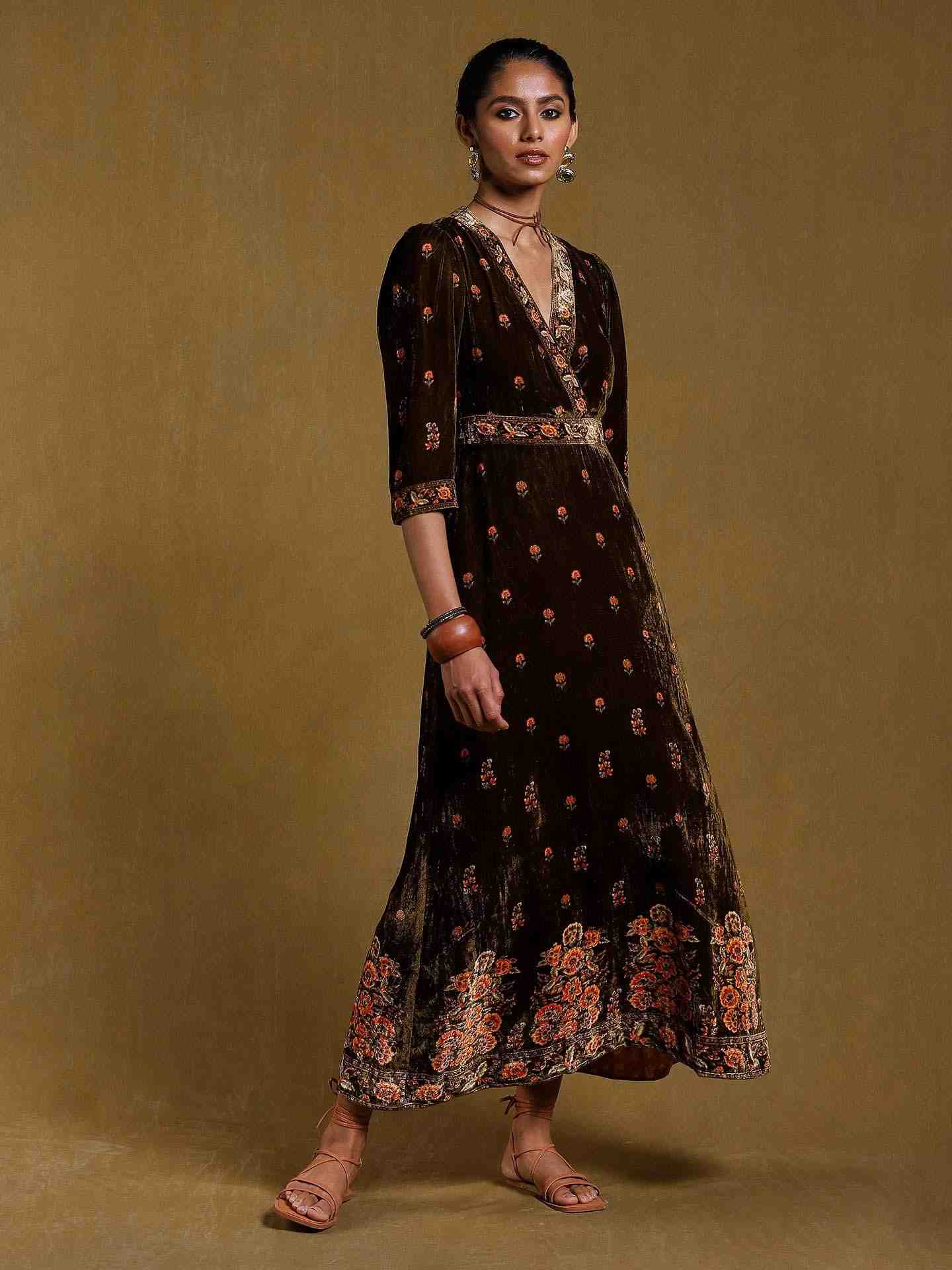 Green Kripa Velvet Wrap Dress