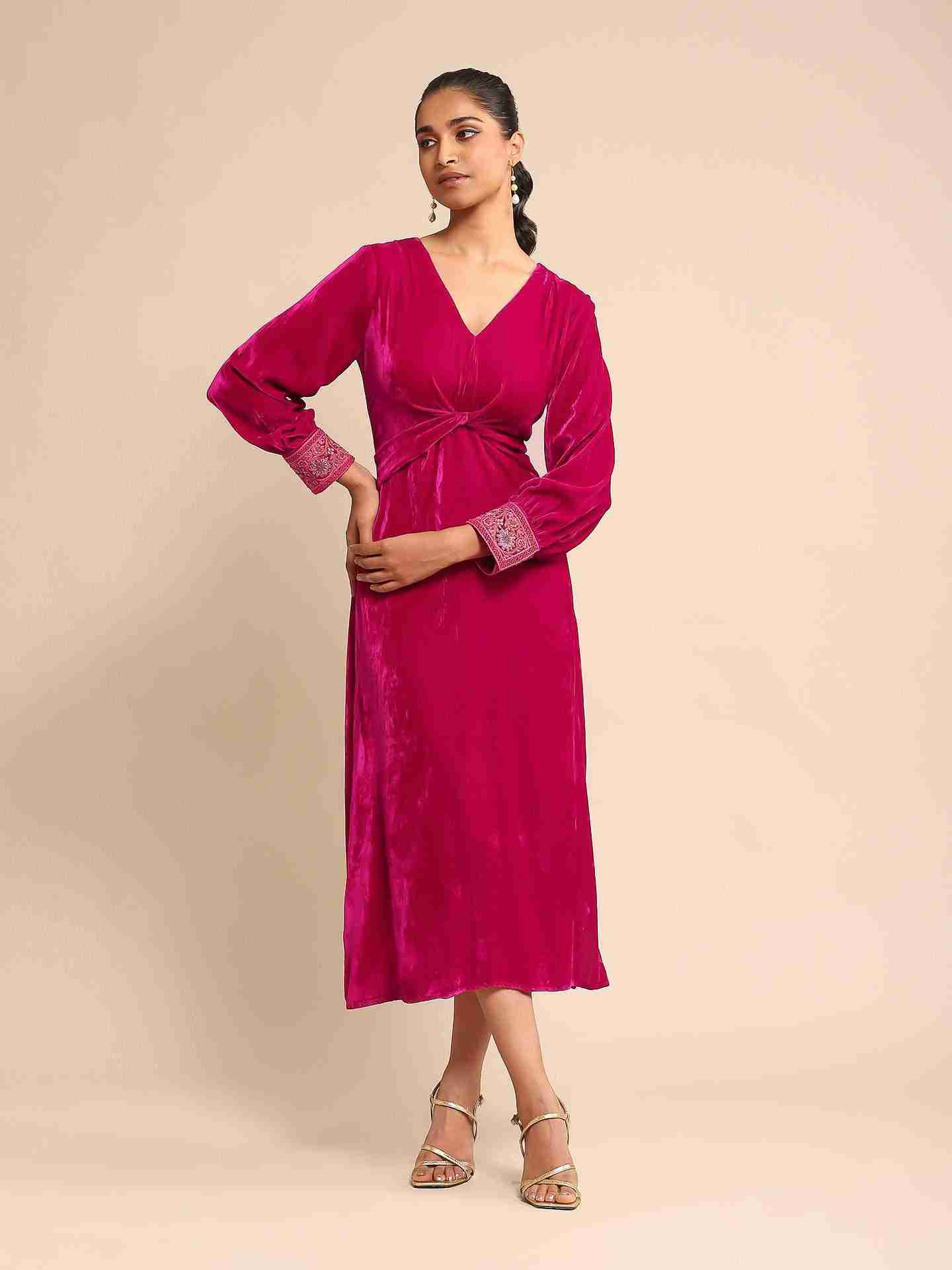 Fuschia Sara Velvet Midi Dress