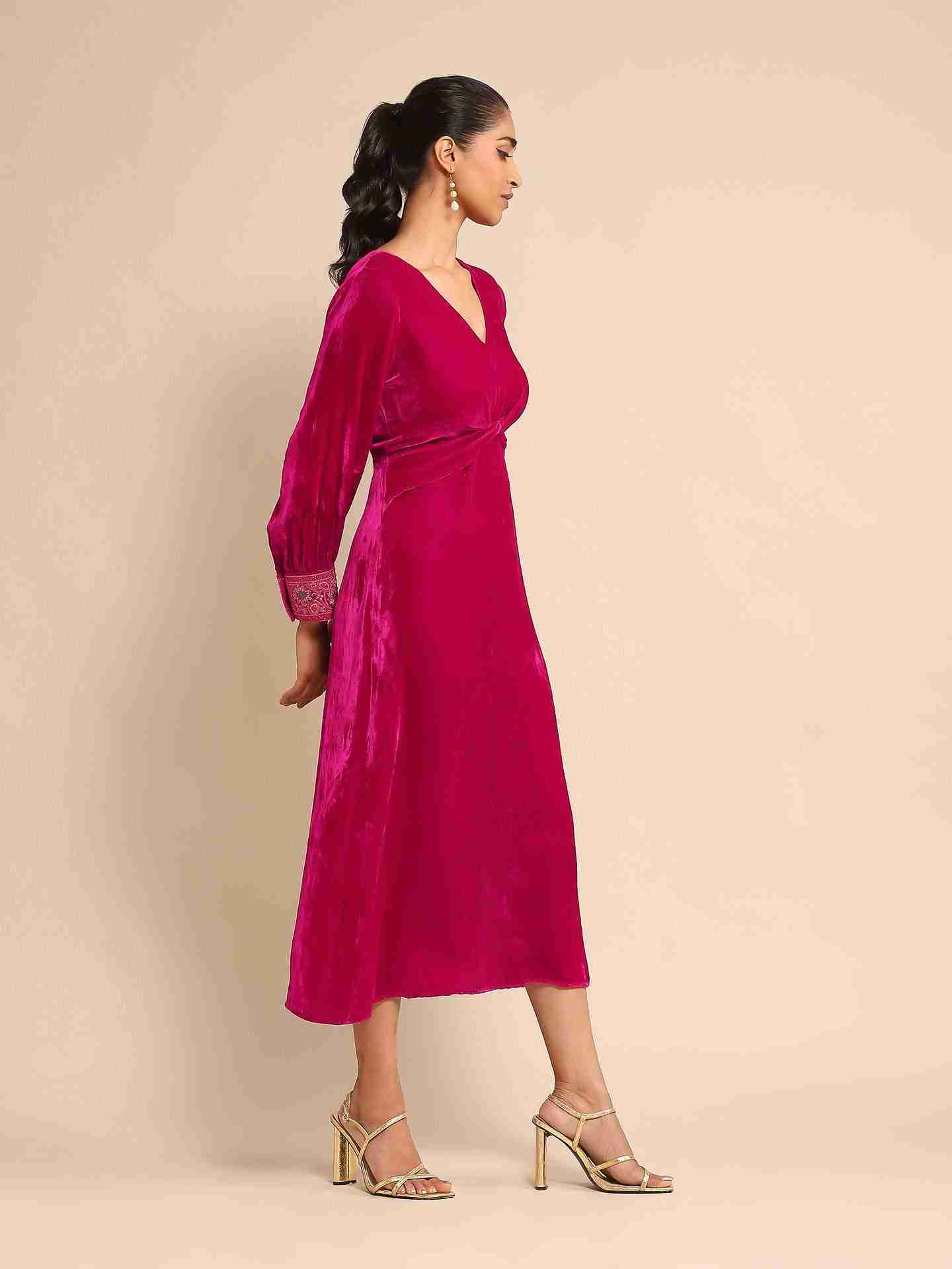 Fuschia Sara Velvet Midi Dress