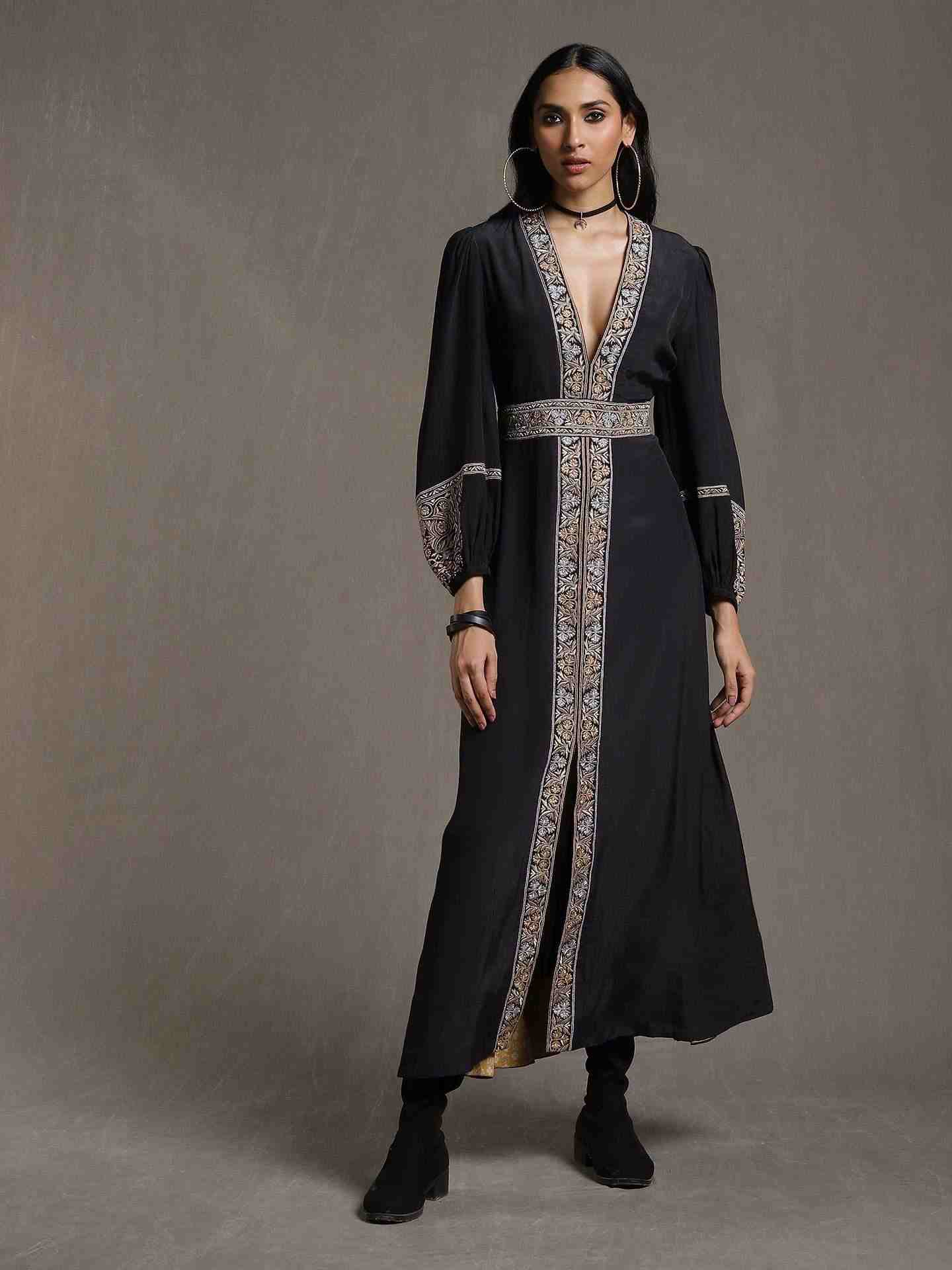 Black Resham Crepe Shift Dress