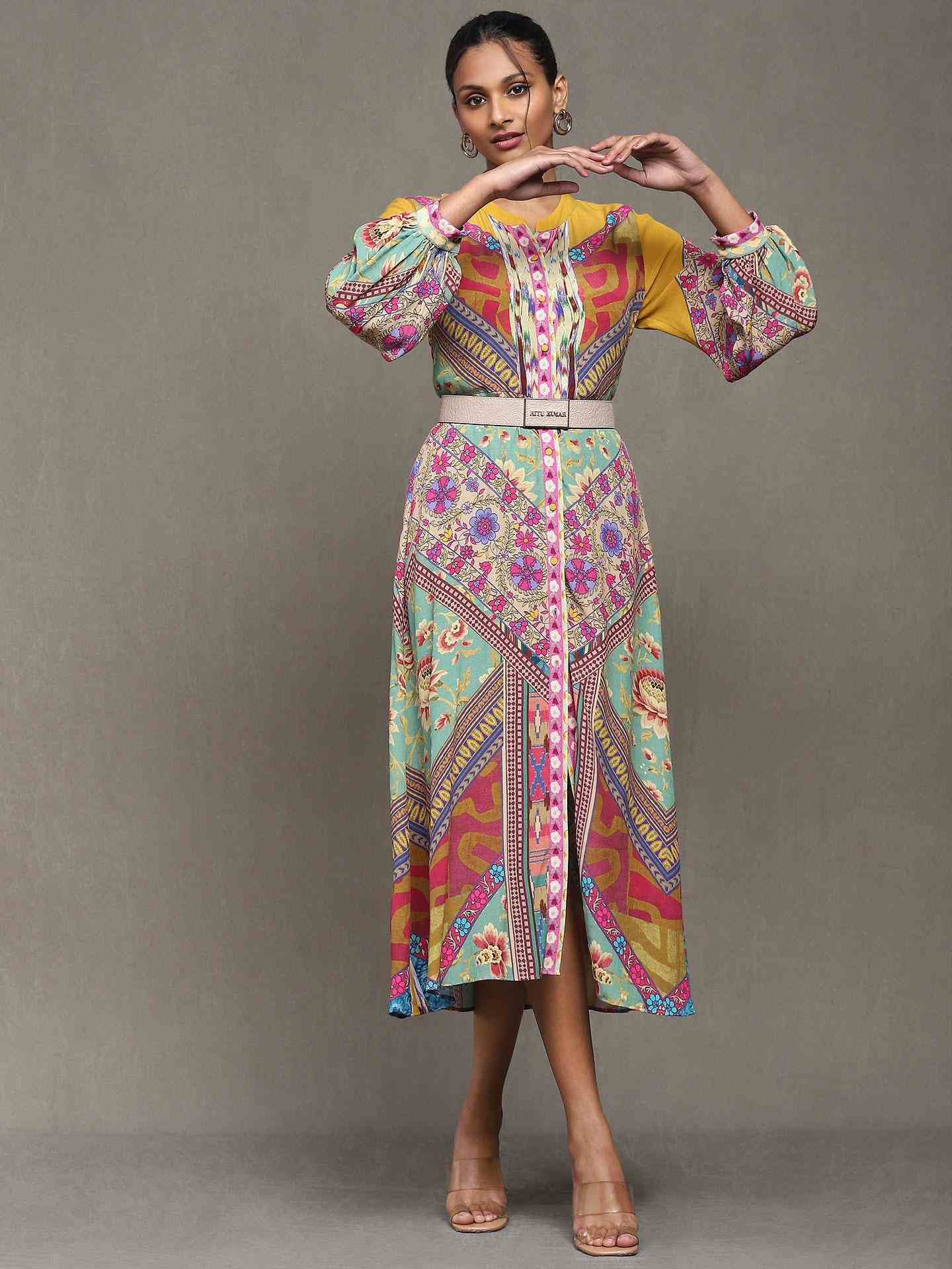 Multi-Color Kazak Crepe Shirt Dress