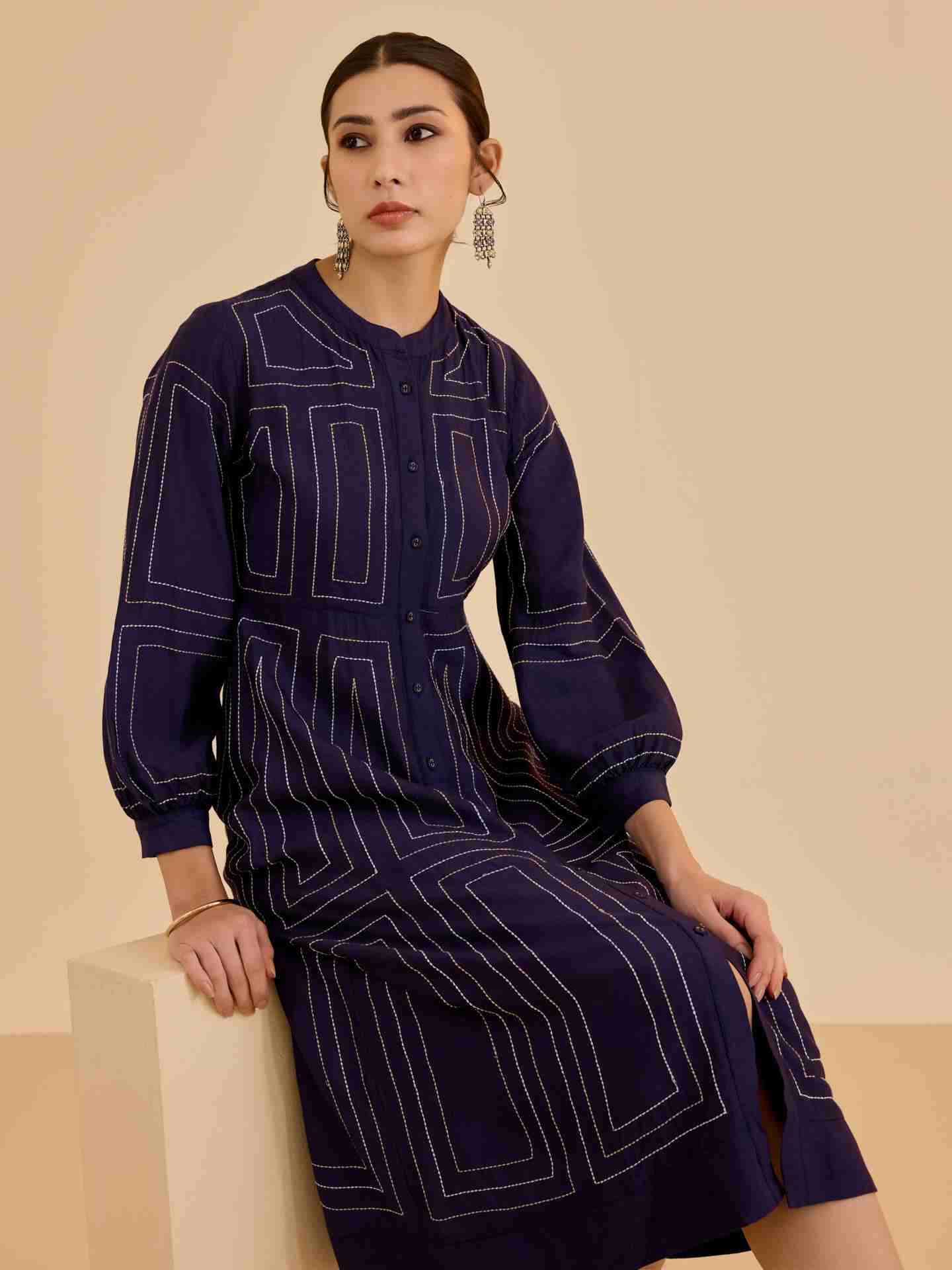 Navy Stitch Long Dress