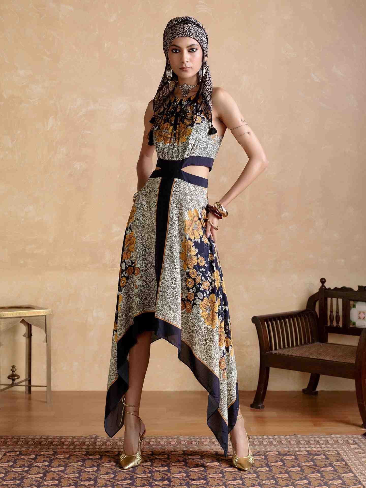 Black Mono Floral Cut-Out Dress