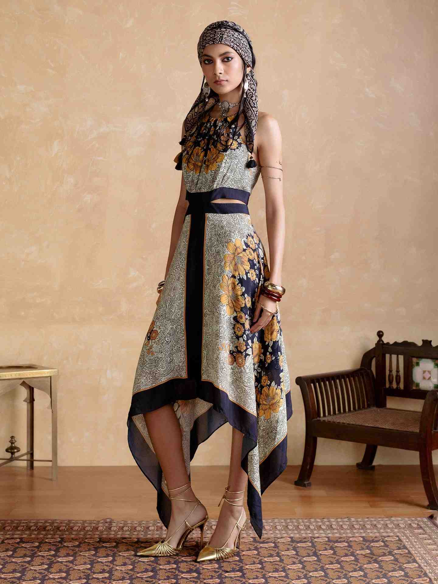 Black Mono Floral Cut-Out Dress