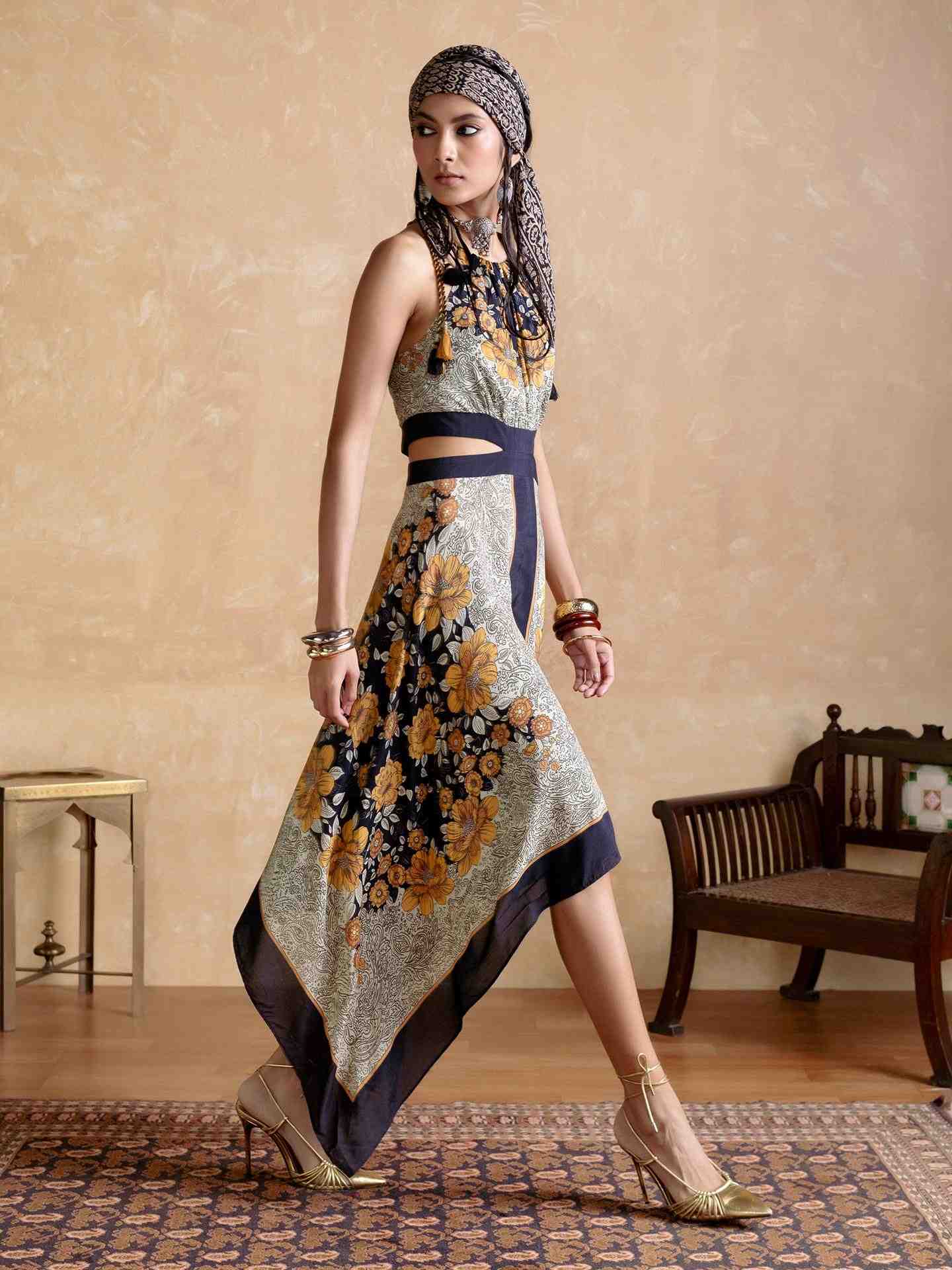 Black Mono Floral Cut-Out Dress