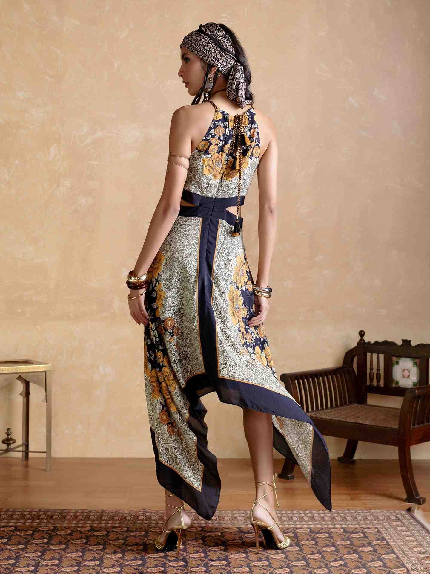 Black Mono Floral Cut-Out Dress