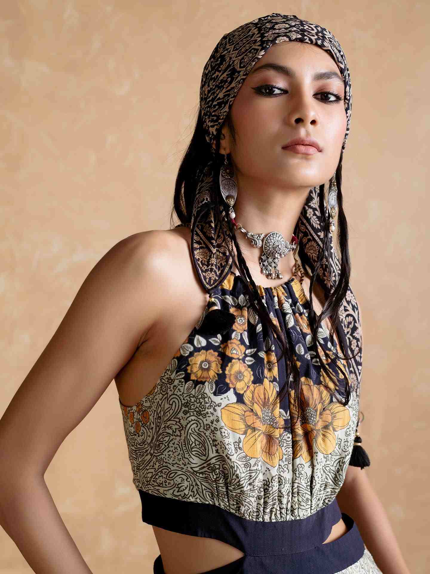 Black Mono Floral Cut-Out Dress