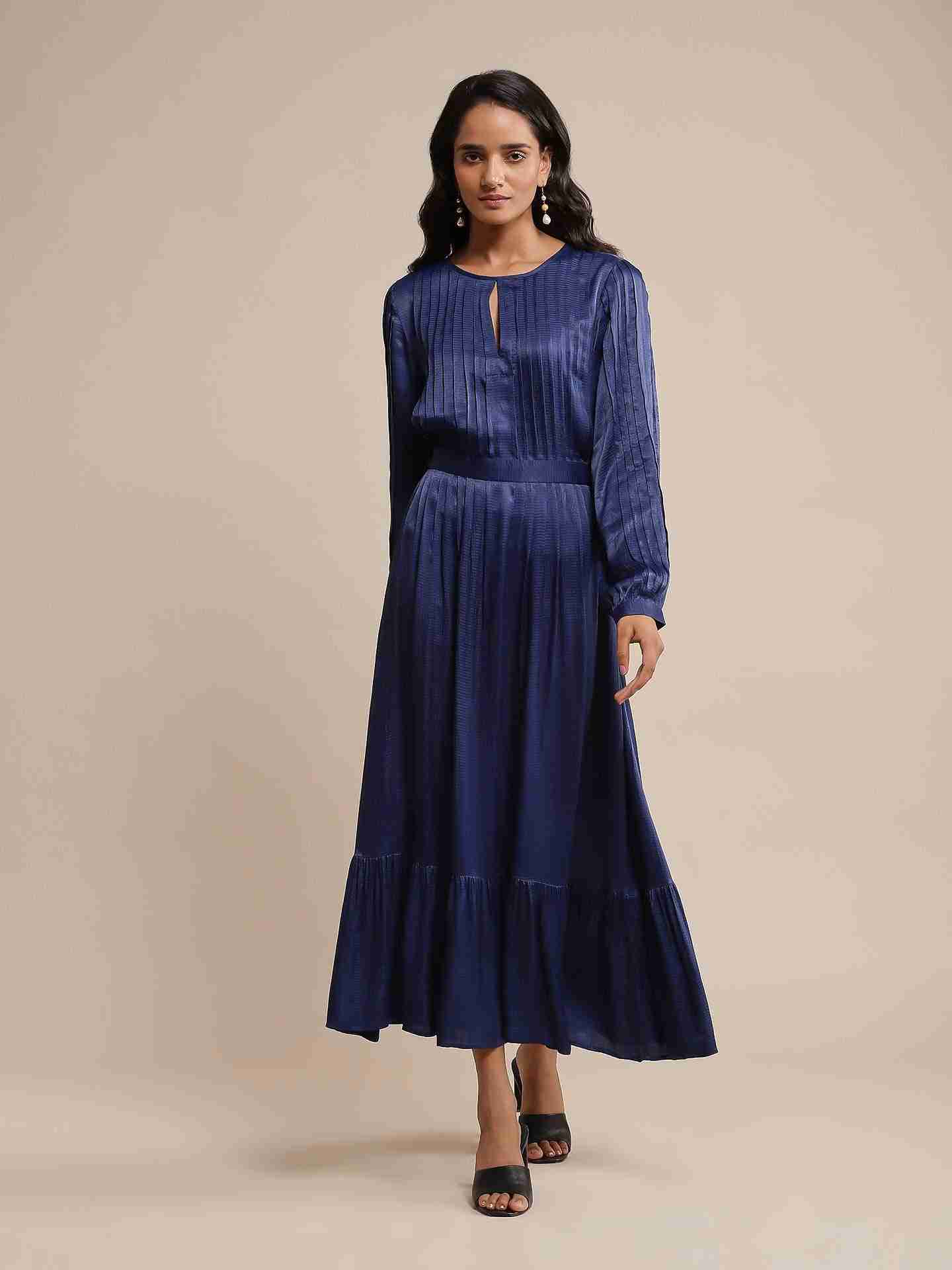 Blue Solids Satin Dress
