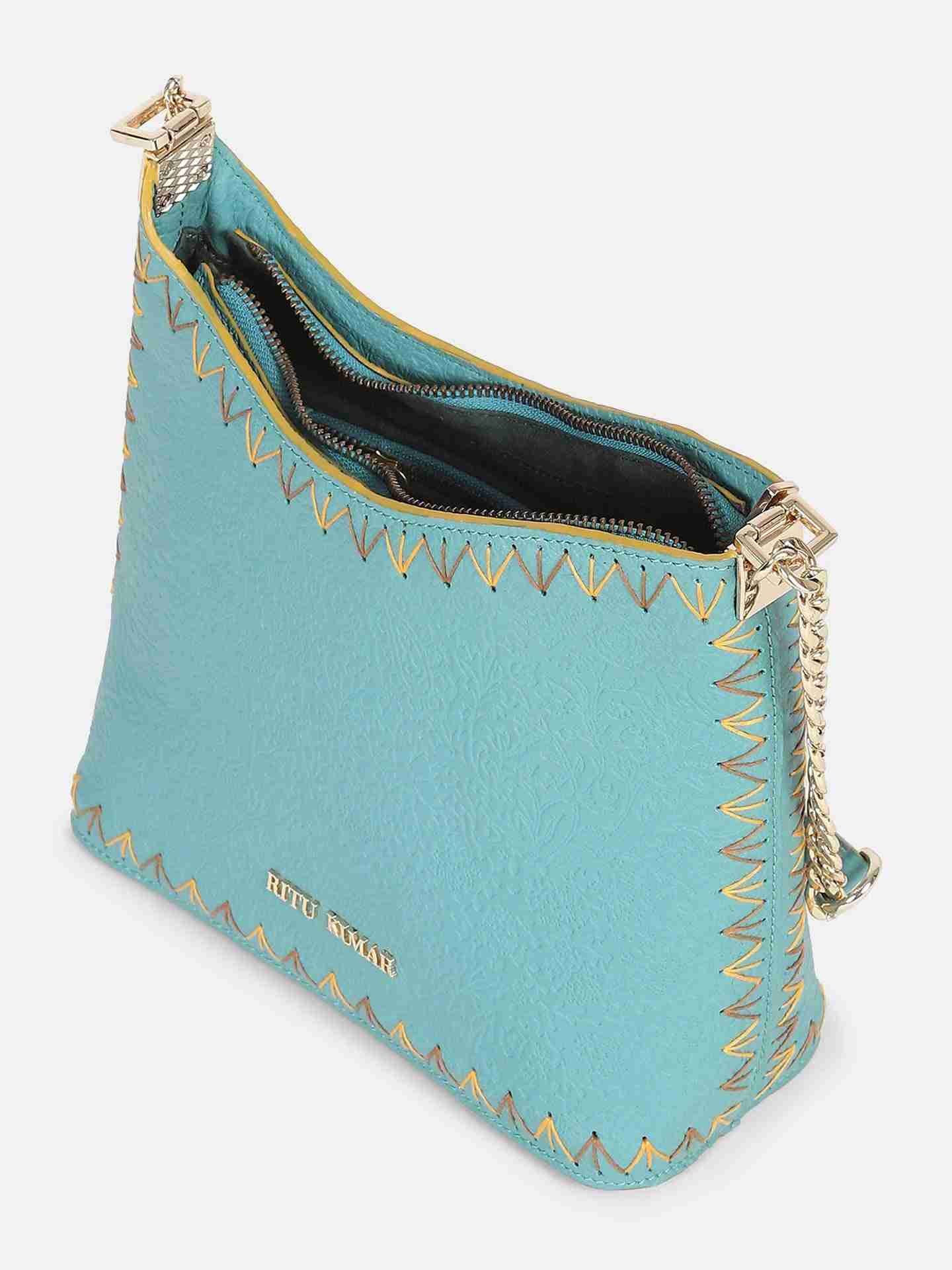 Teal Bunai Leather Sling Bag