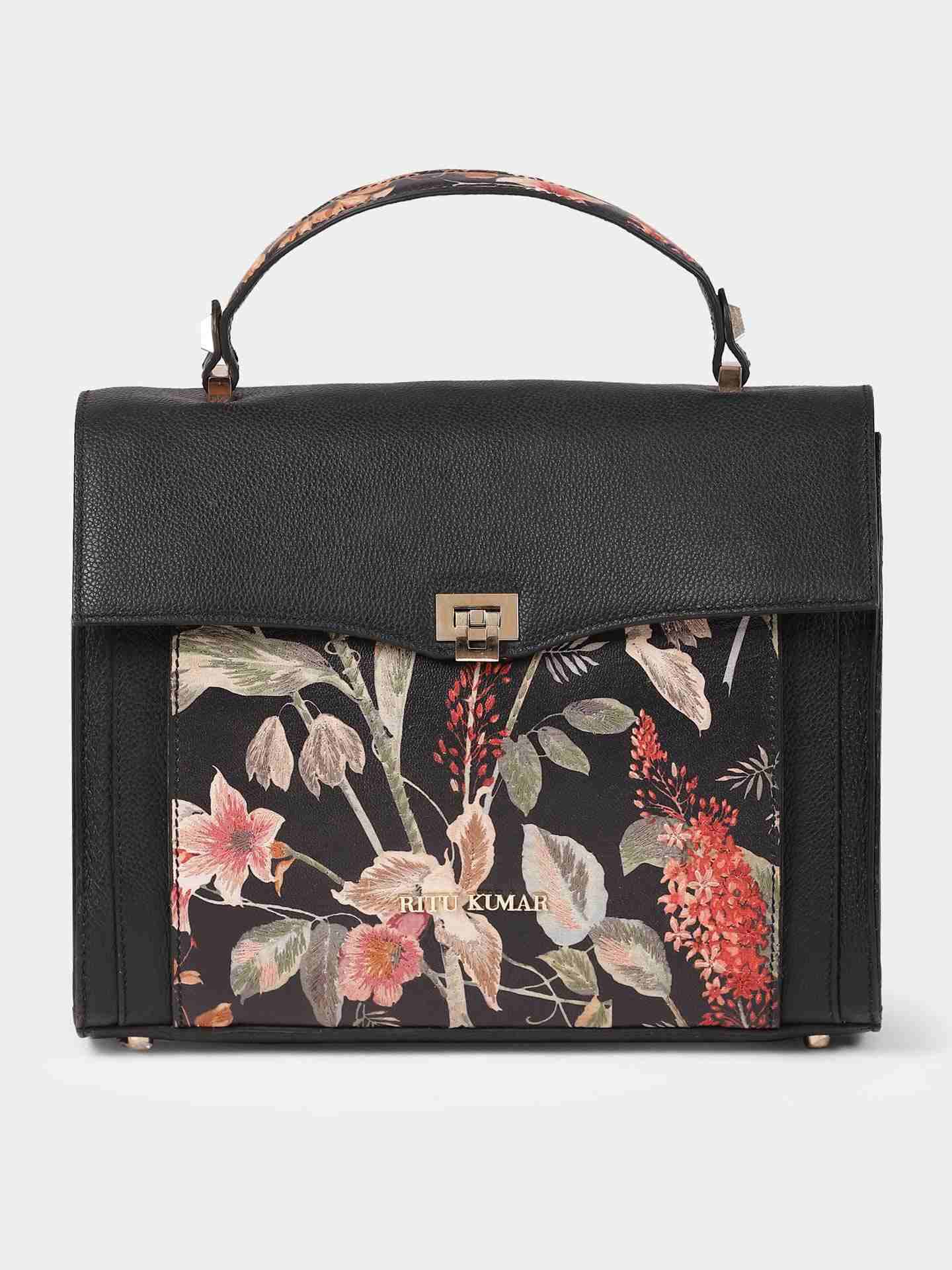 Black Flower Forest Leather Hand-Held Bag