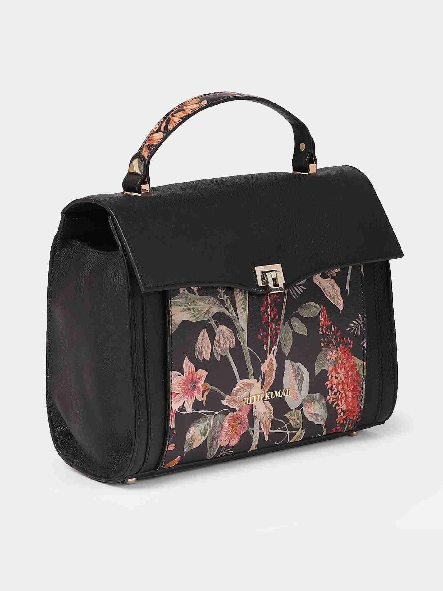 Black Flower Forest Leather Hand-Held Bag