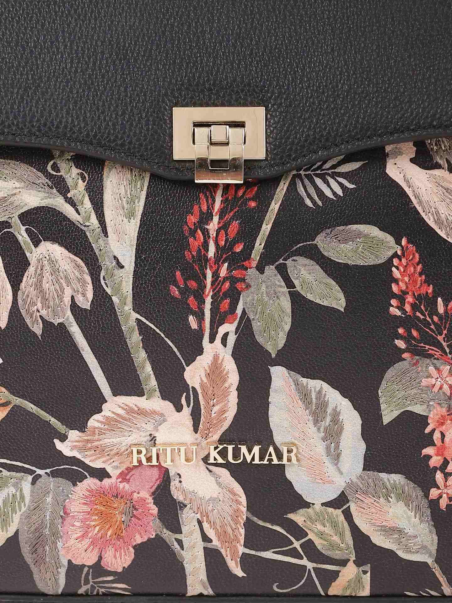 Black Flower Forest Leather Hand-Held Bag