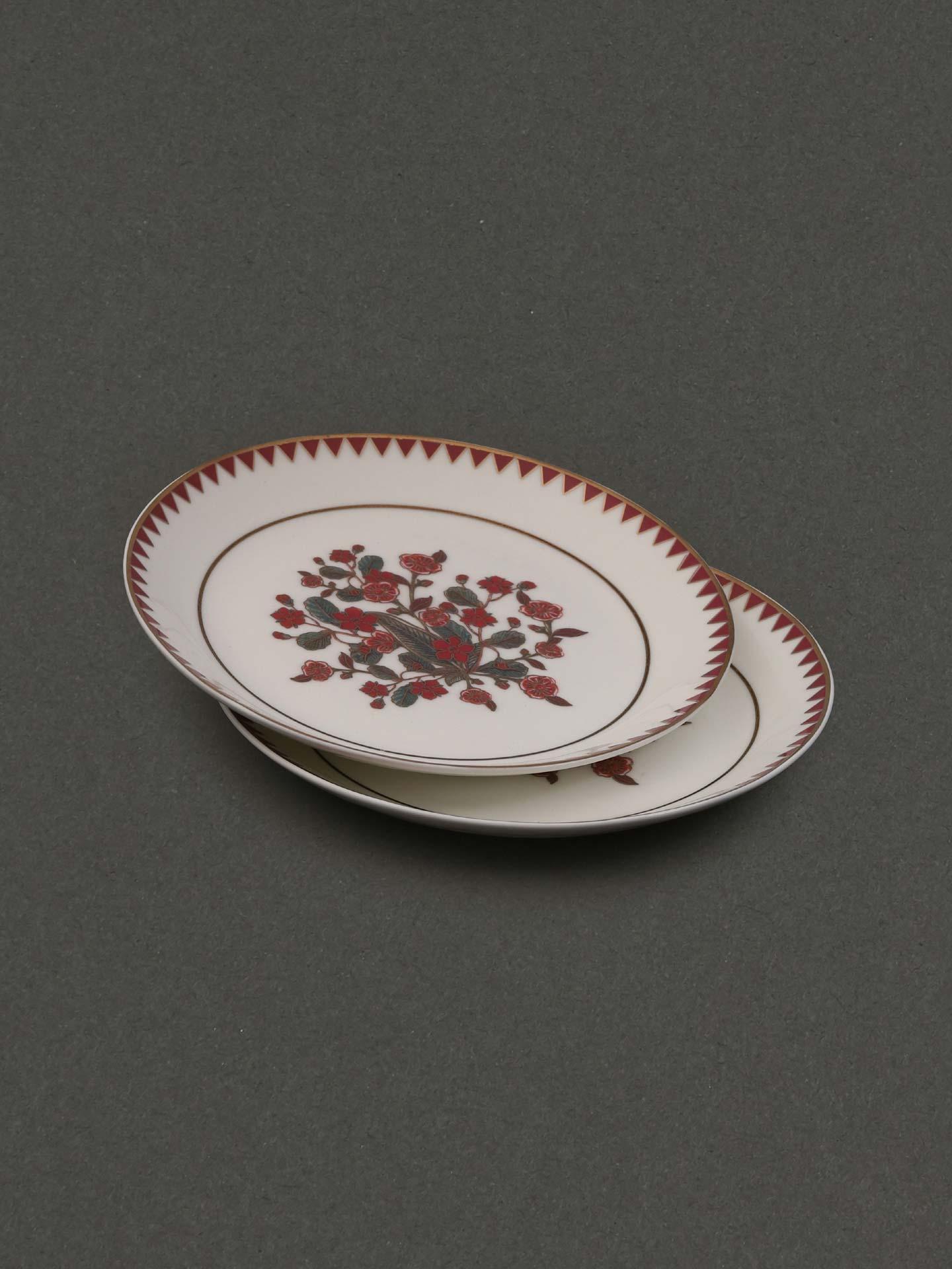Ecru & Red Flora Side Plate (Set Of 2)
