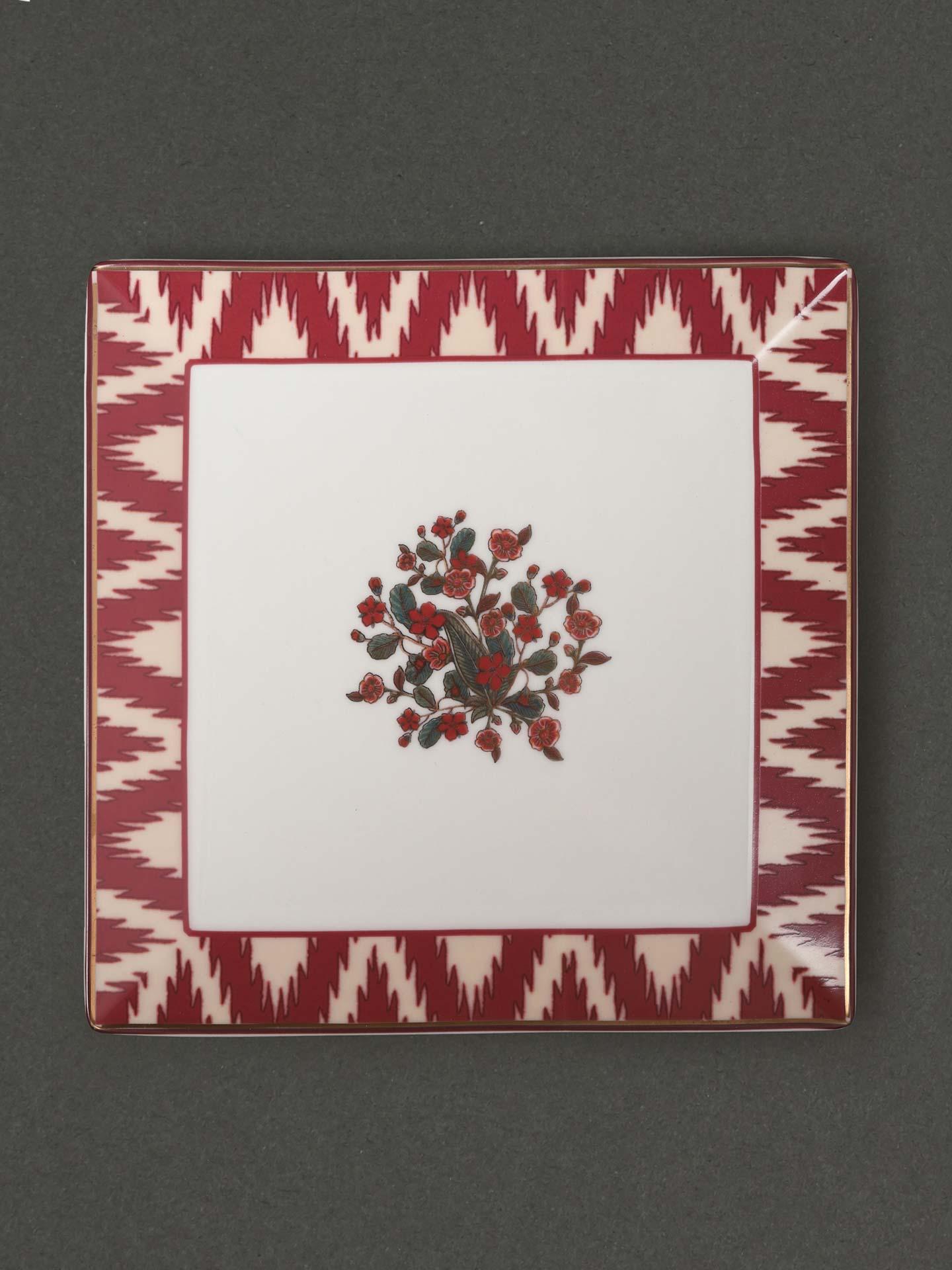 Ecru & Red Flora Side Plate (Set Of 2)