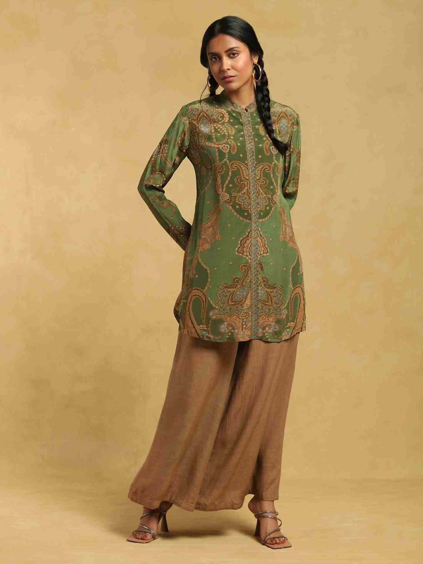 Brown Baadal Cotton Wide-Leg Pants