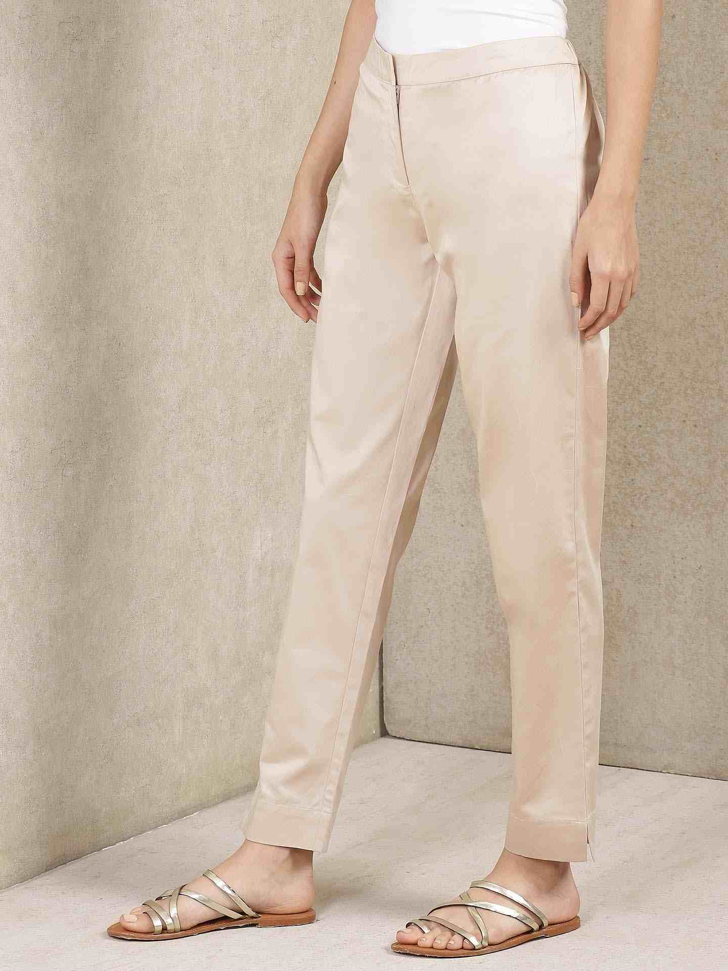 Beige Classic Cotton Tapered Pants