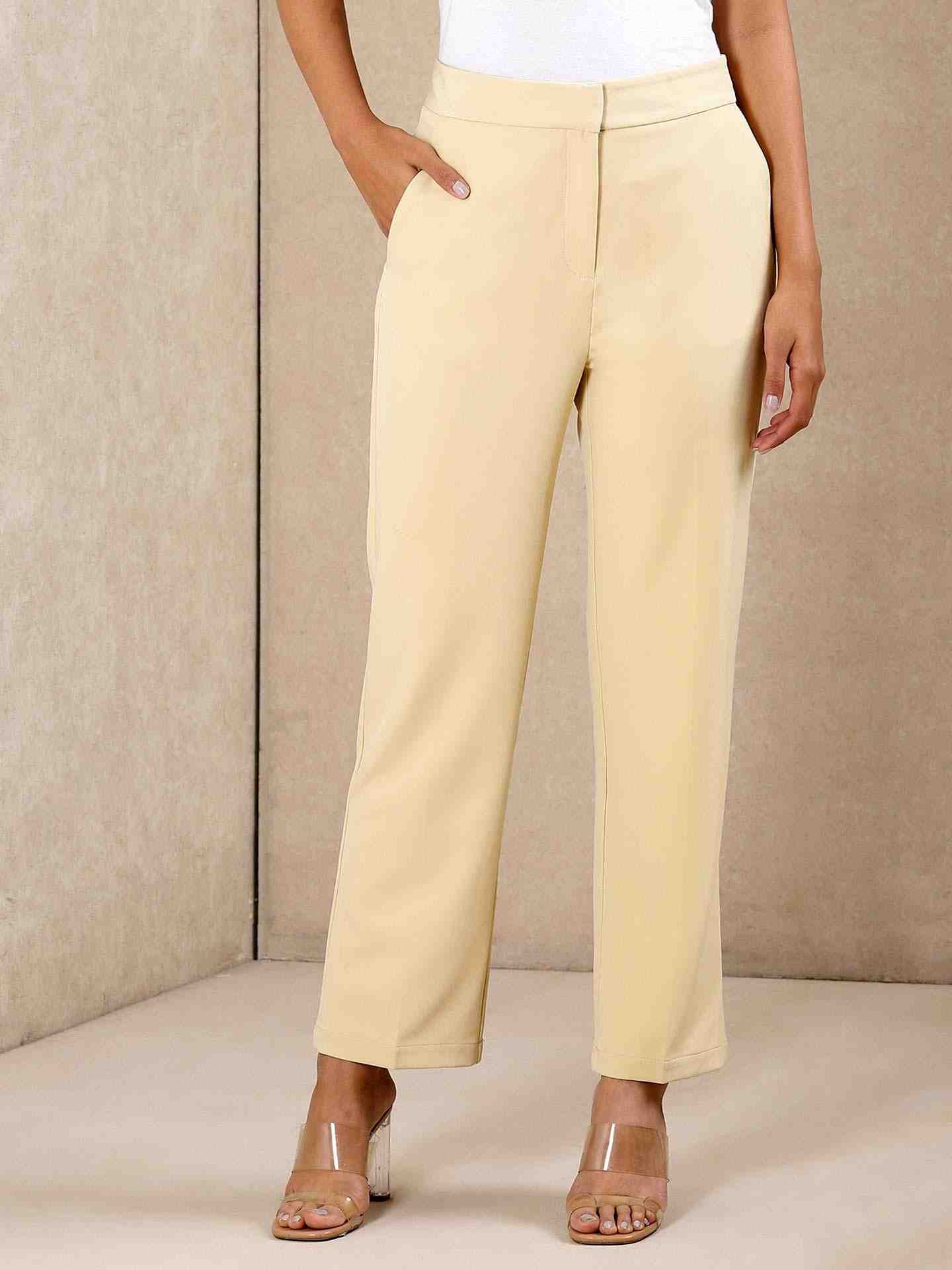 Beige Solid Tapered Pants