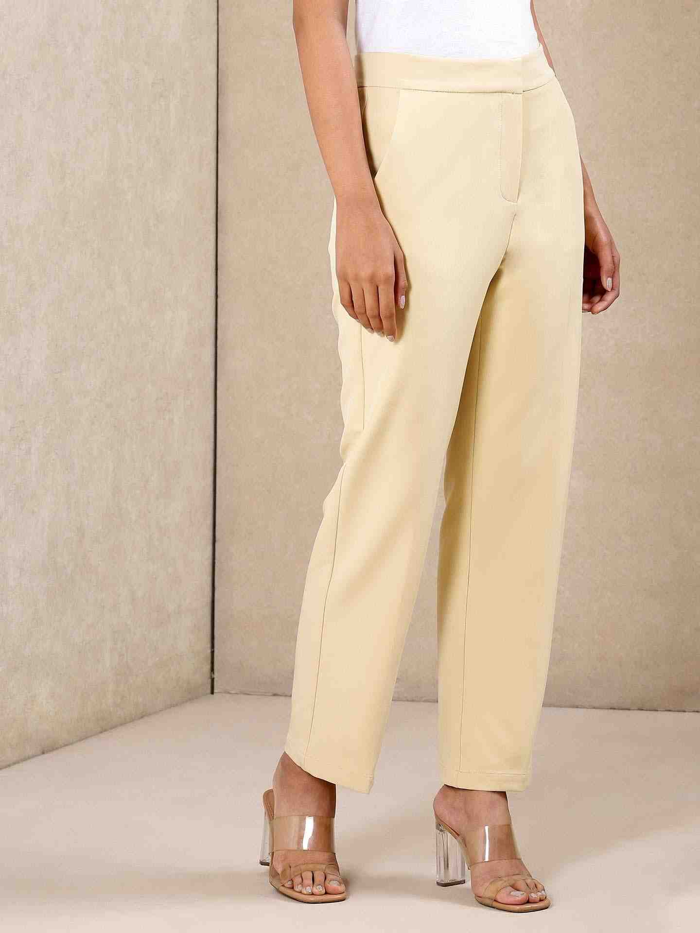 Beige Solid Tapered Pants