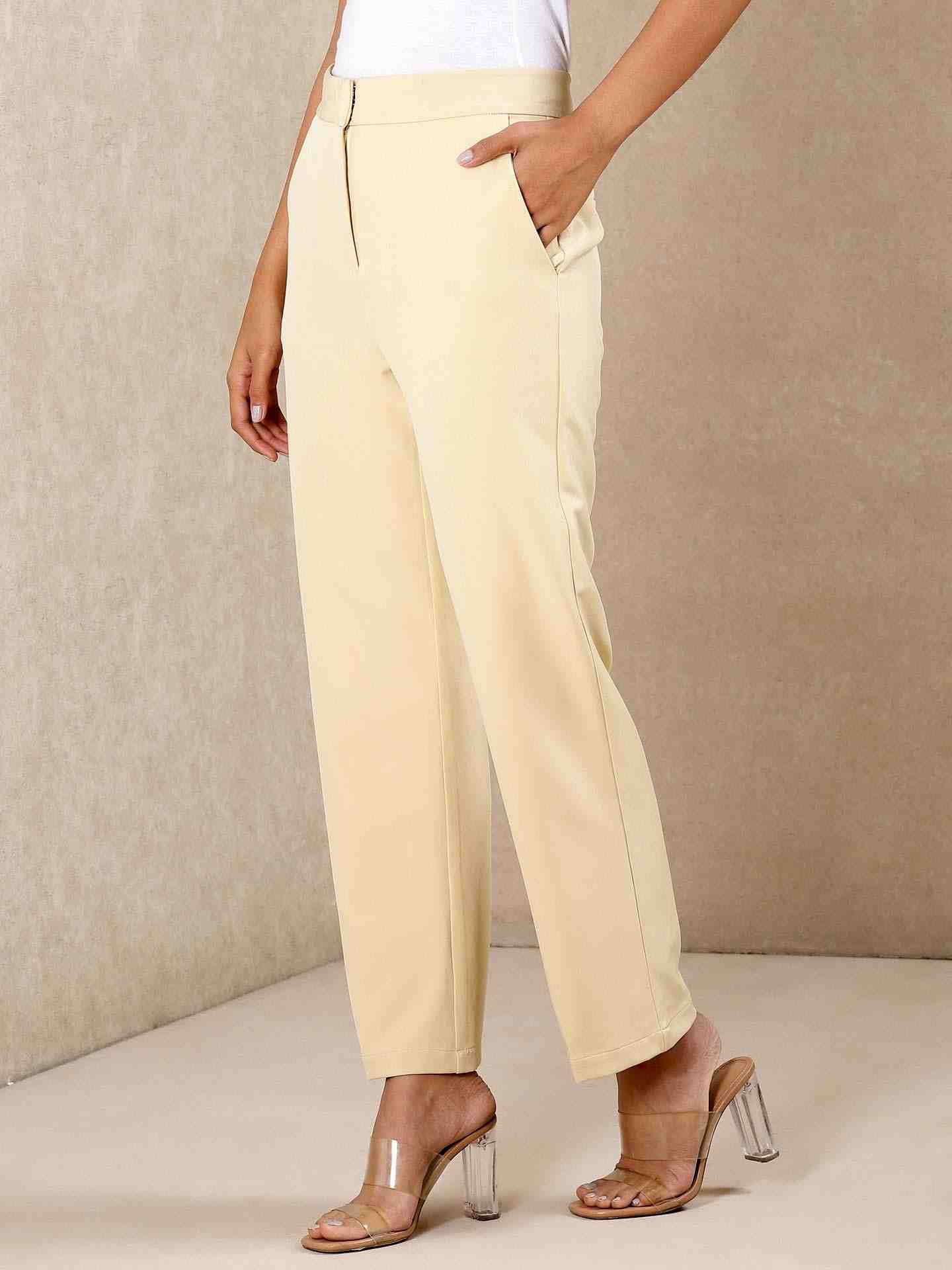 Beige Solid Tapered Pants