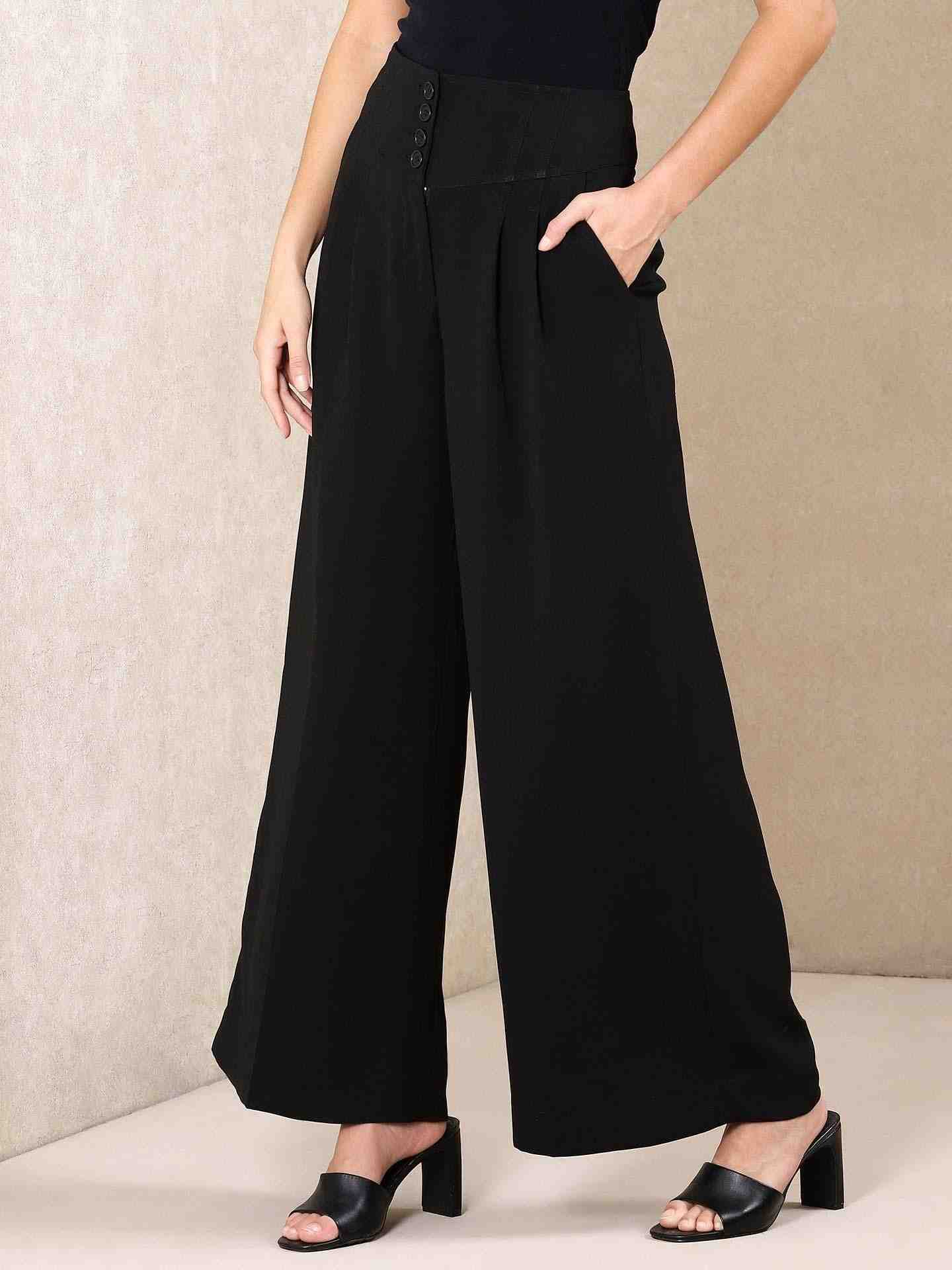 Black Solid Wide-Leg Pants
